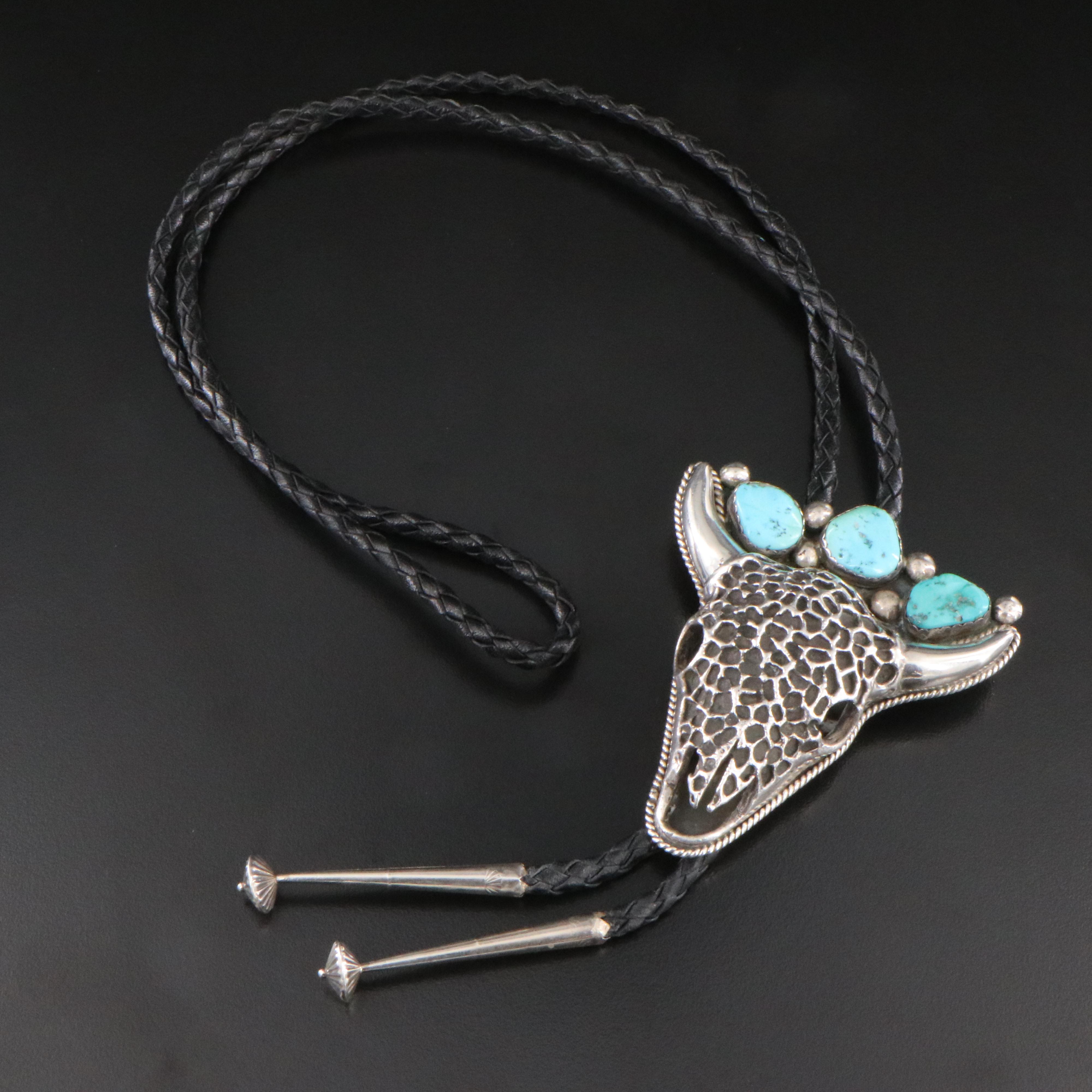 Southwestern Sterling Tuquoise Steer Skull Bolo Tie