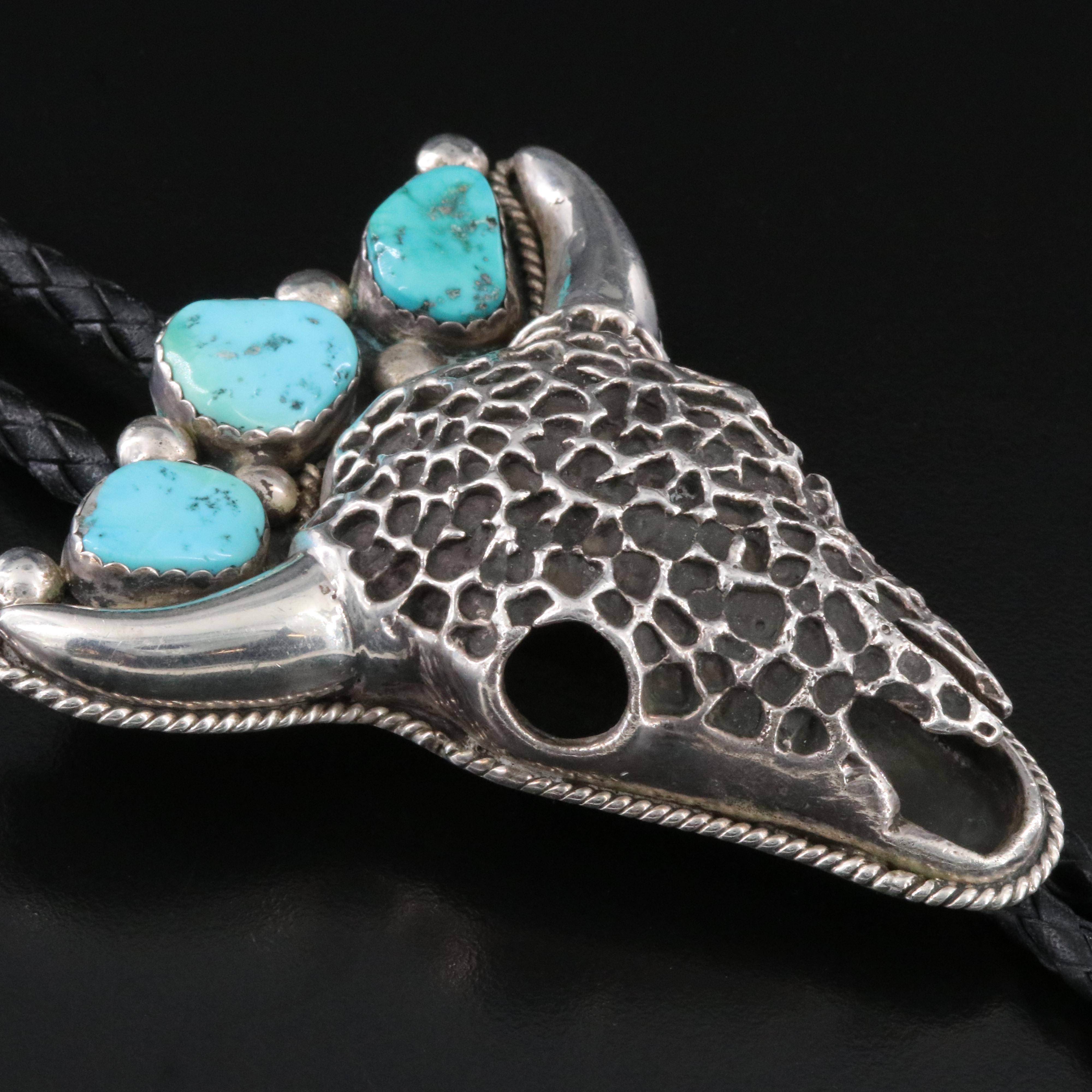Southwestern Sterling Tuquoise Steer Skull Bolo Tie