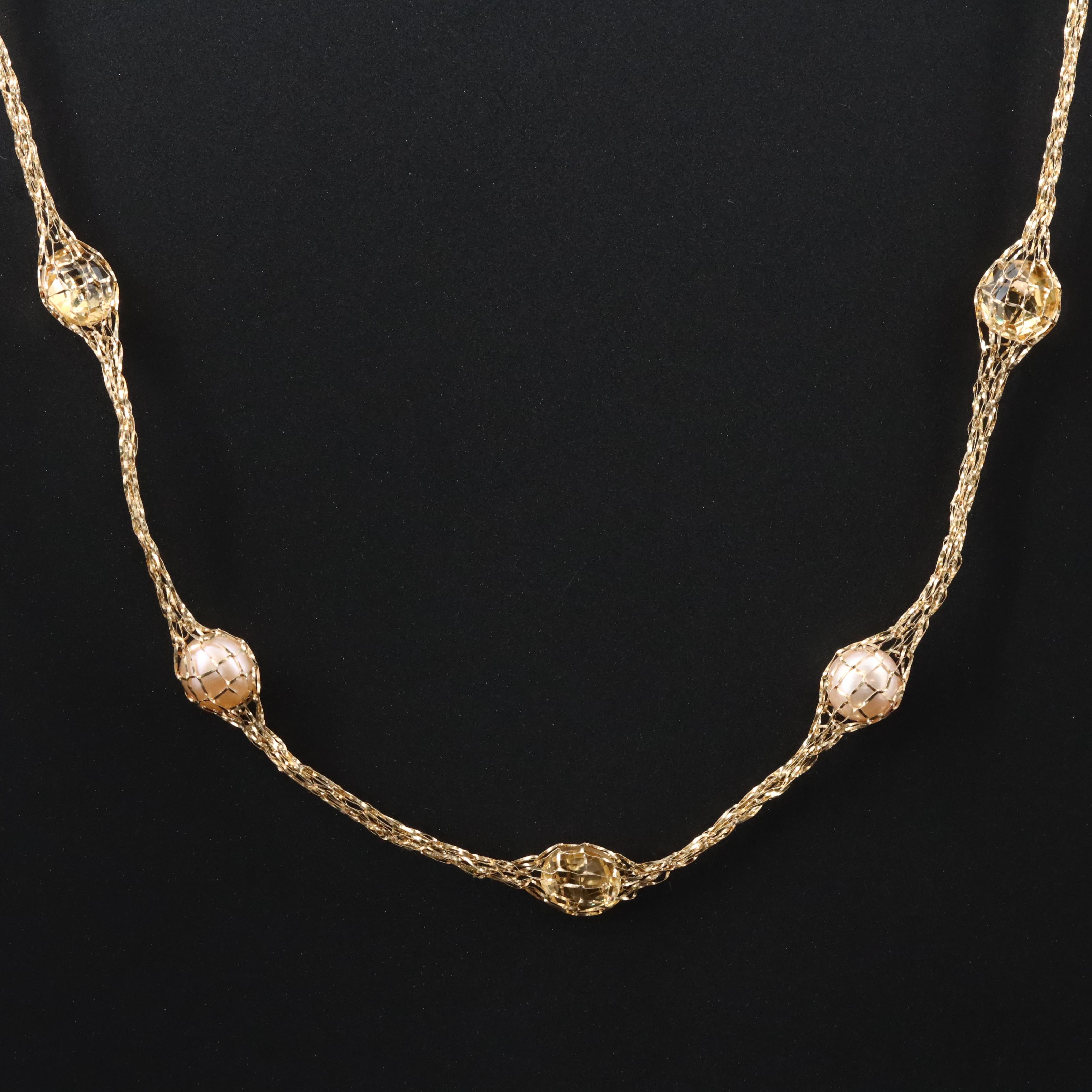 Milor 14K Pearl and Citrine Mesh Station Necklace