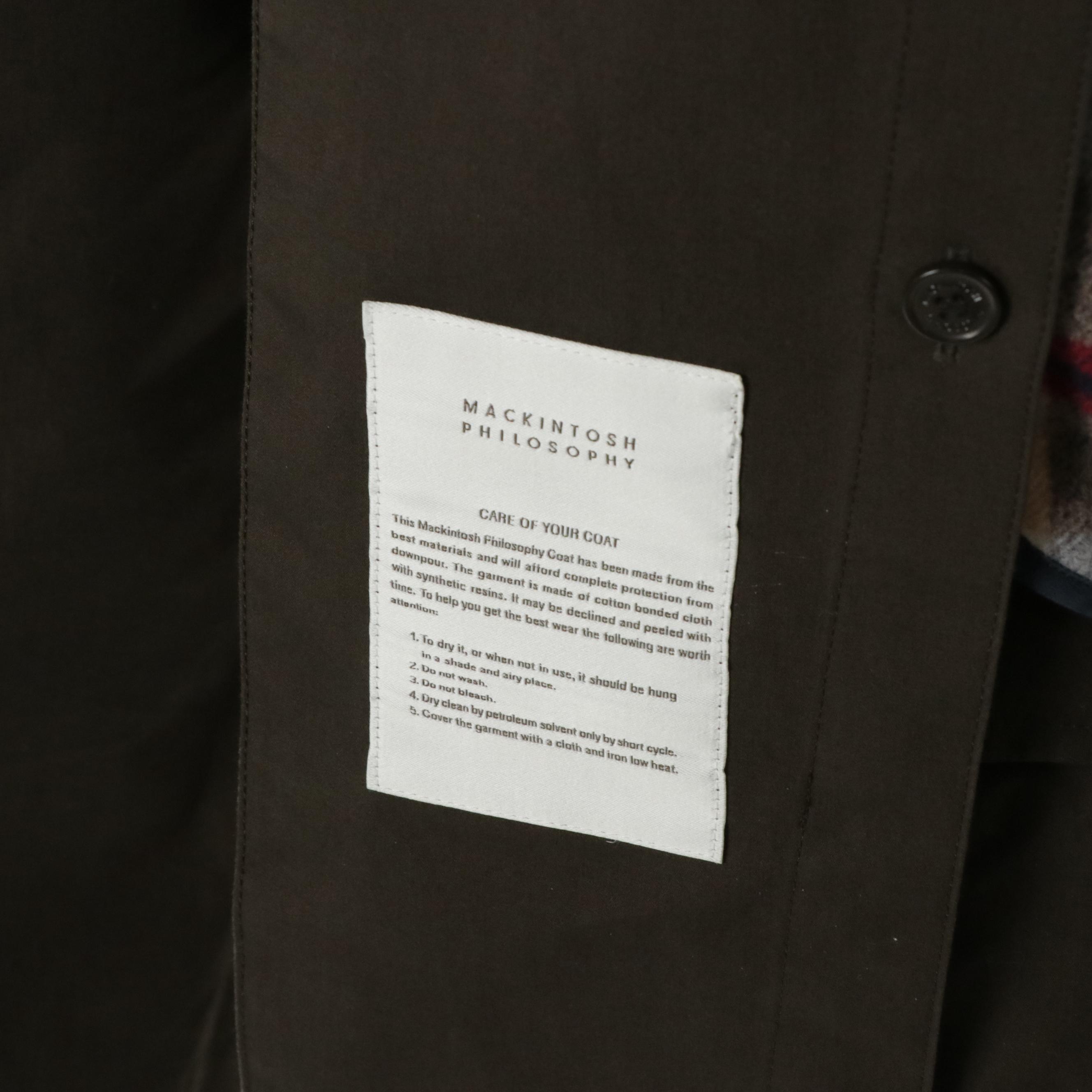 Mackintosh Philosophy Chocolate Brown Bonded Cotton Coat with Plaid Wool Lining