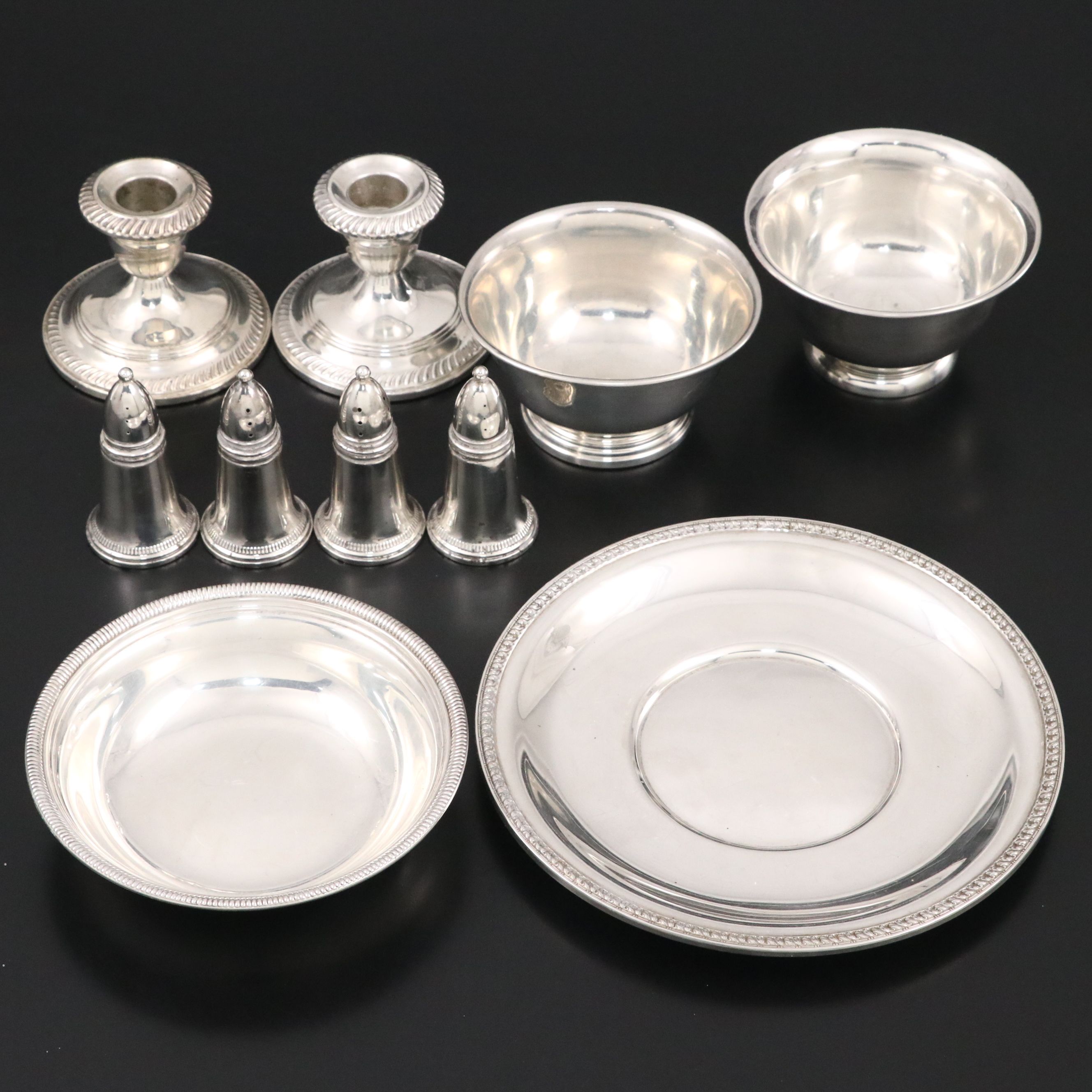 Sterling Silver Plate, Bowls, Weighted Candlesticks and Shakers
