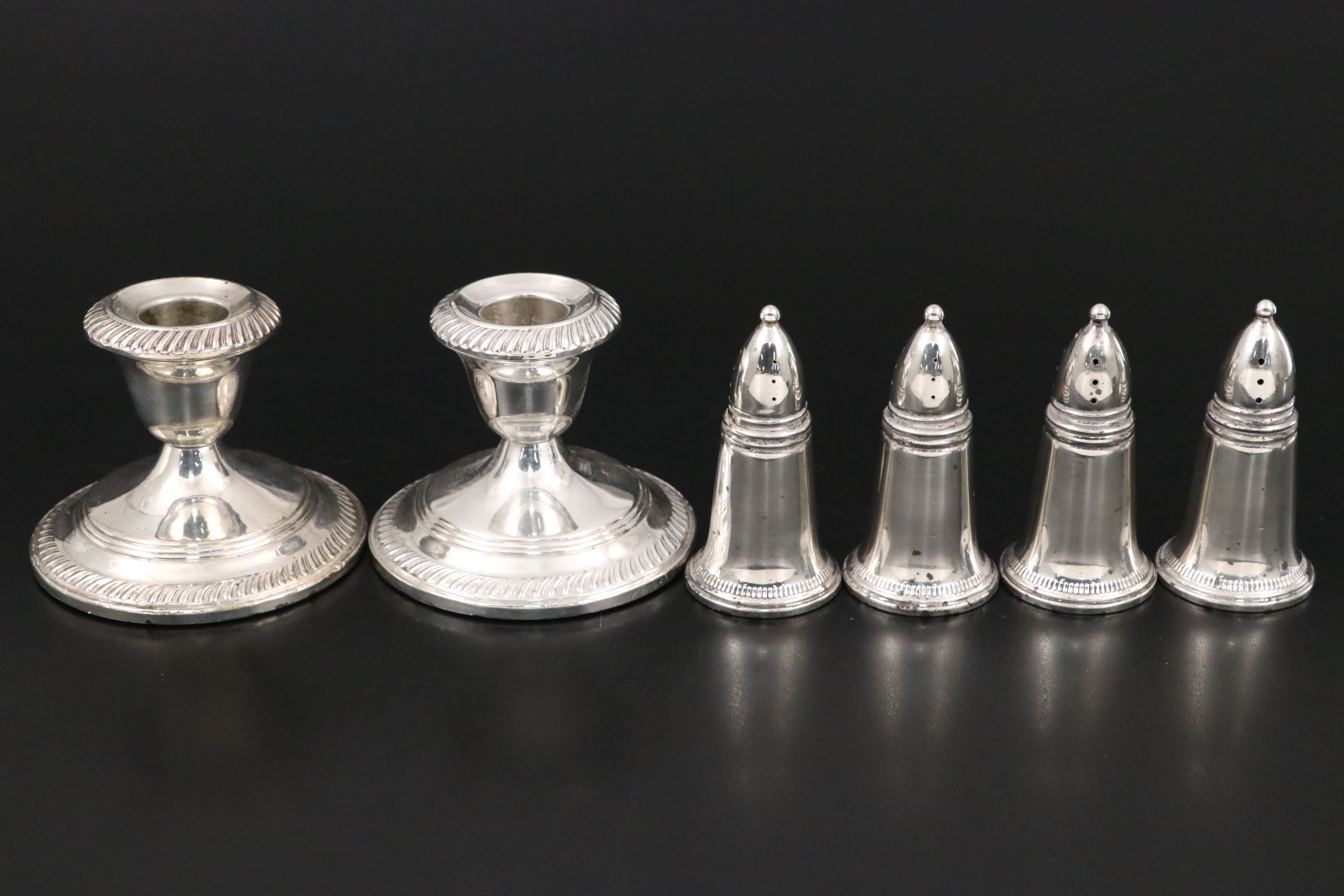 Sterling Silver Plate, Bowls, Weighted Candlesticks and Shakers