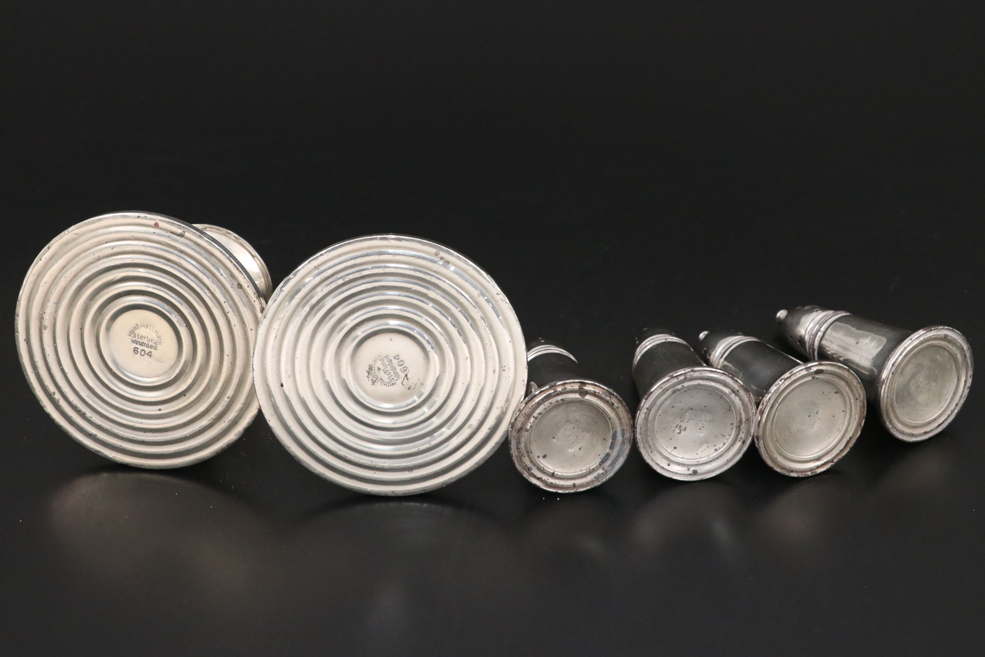 Sterling Silver Plate, Bowls, Weighted Candlesticks and Shakers