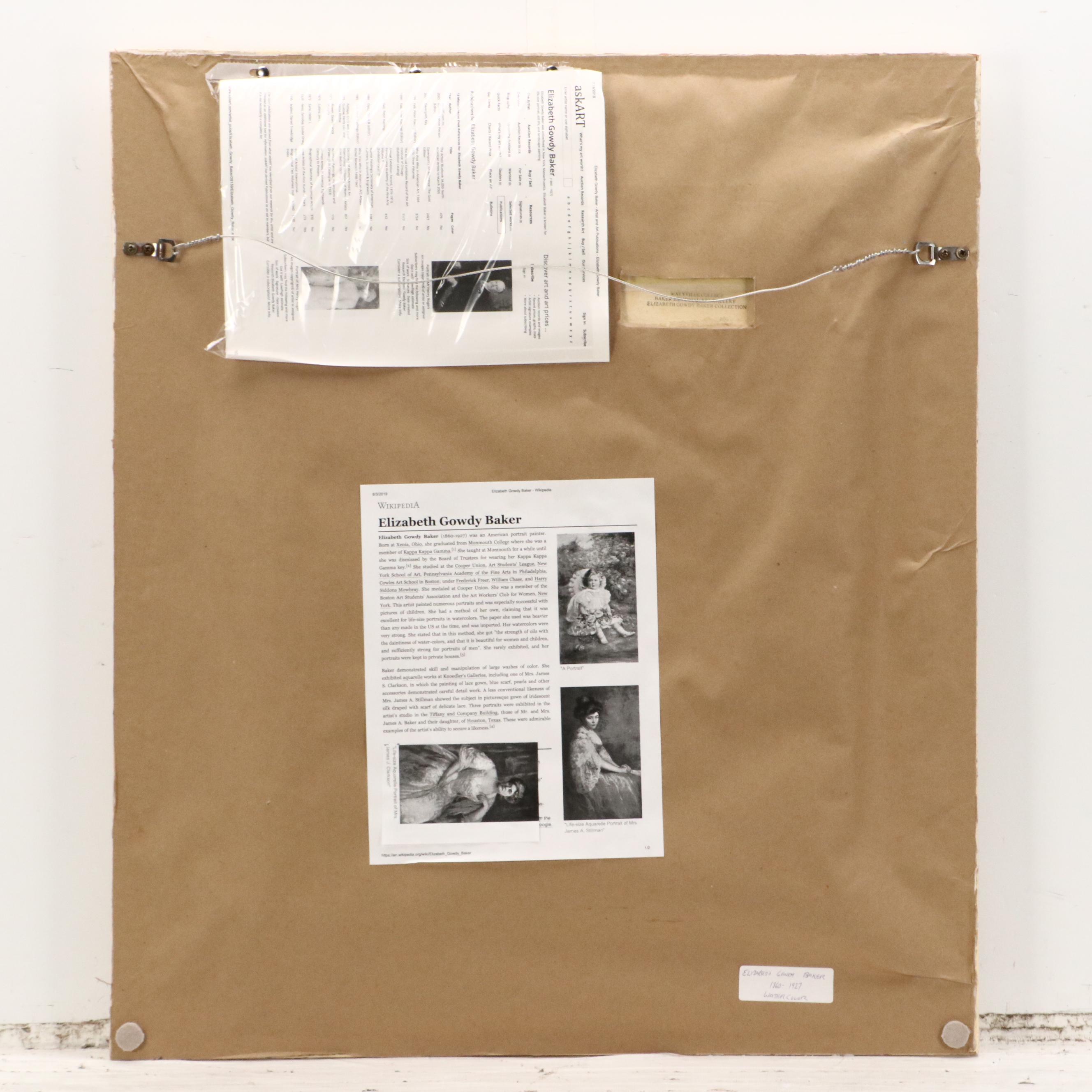 Elizabeth Gowdy Baker Watercolor Portrait of Woman, Late 19th–20th Century