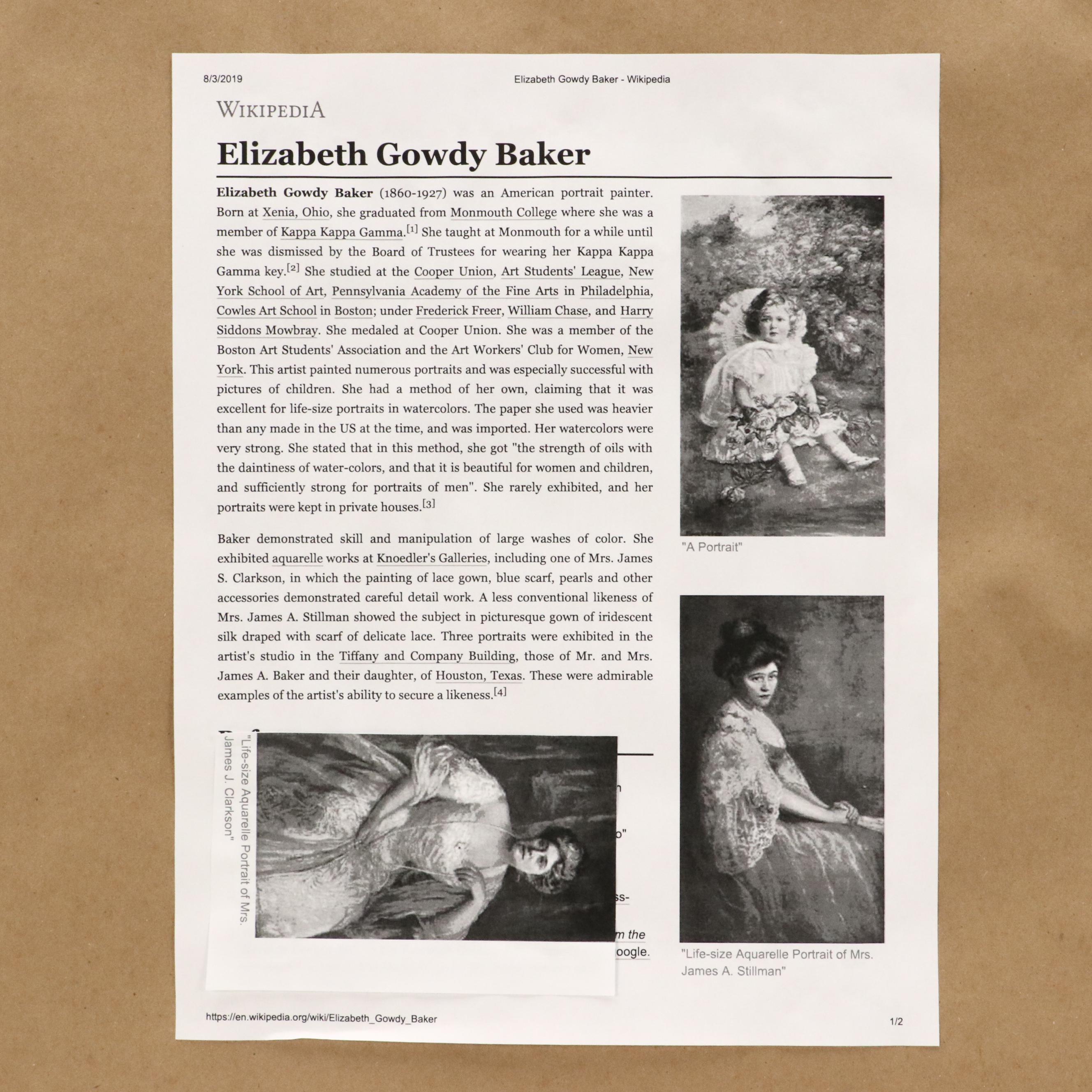 Elizabeth Gowdy Baker Watercolor Portrait of Woman, Late 19th–20th Century