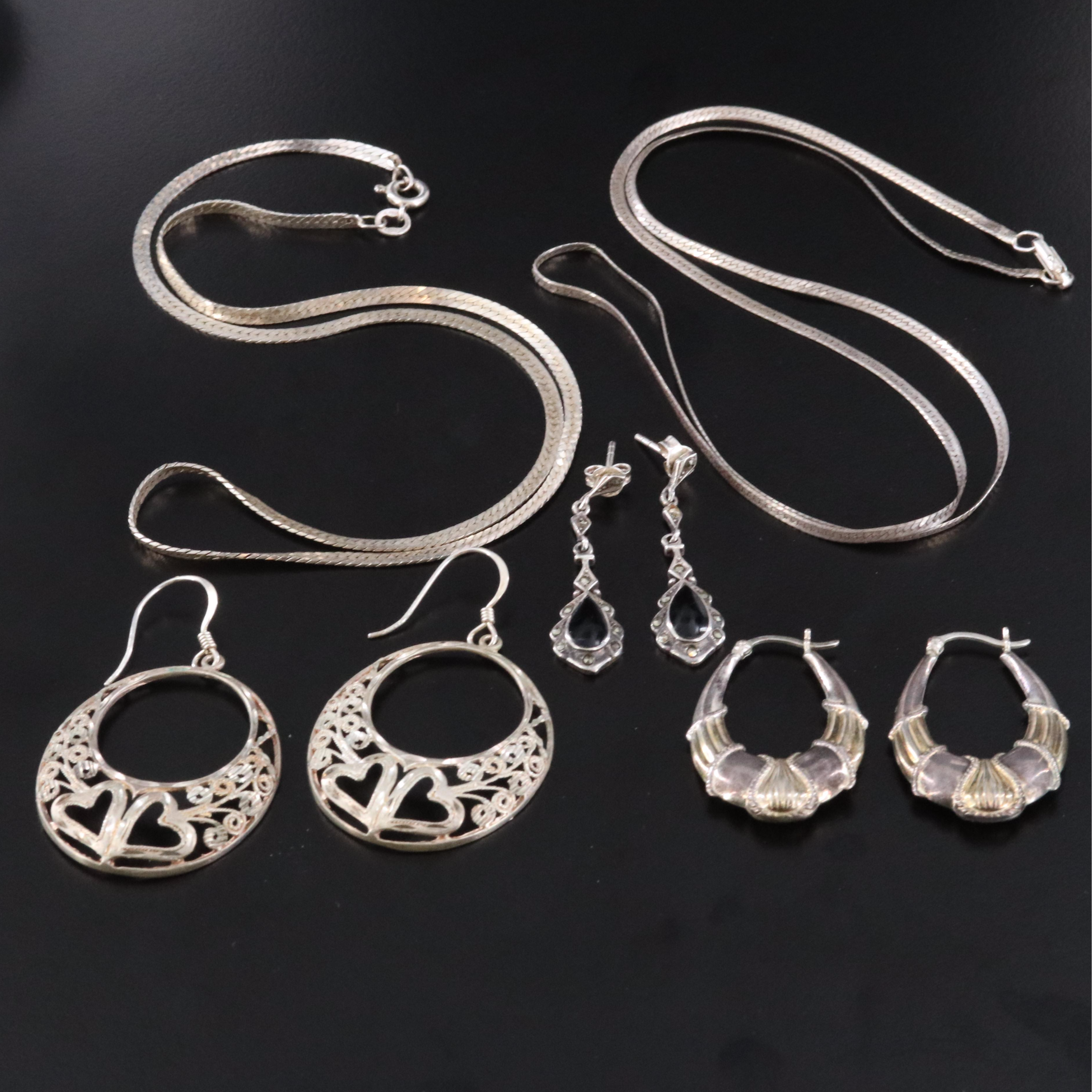 Sterling Earrings and Necklace with Black Onyx and Marcasite