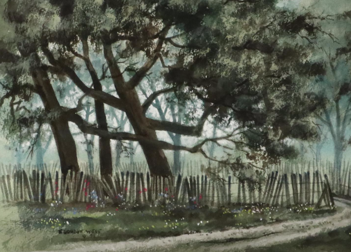 E. Gordon West Landscape Watercolor Painting of Woodland Path, 1991