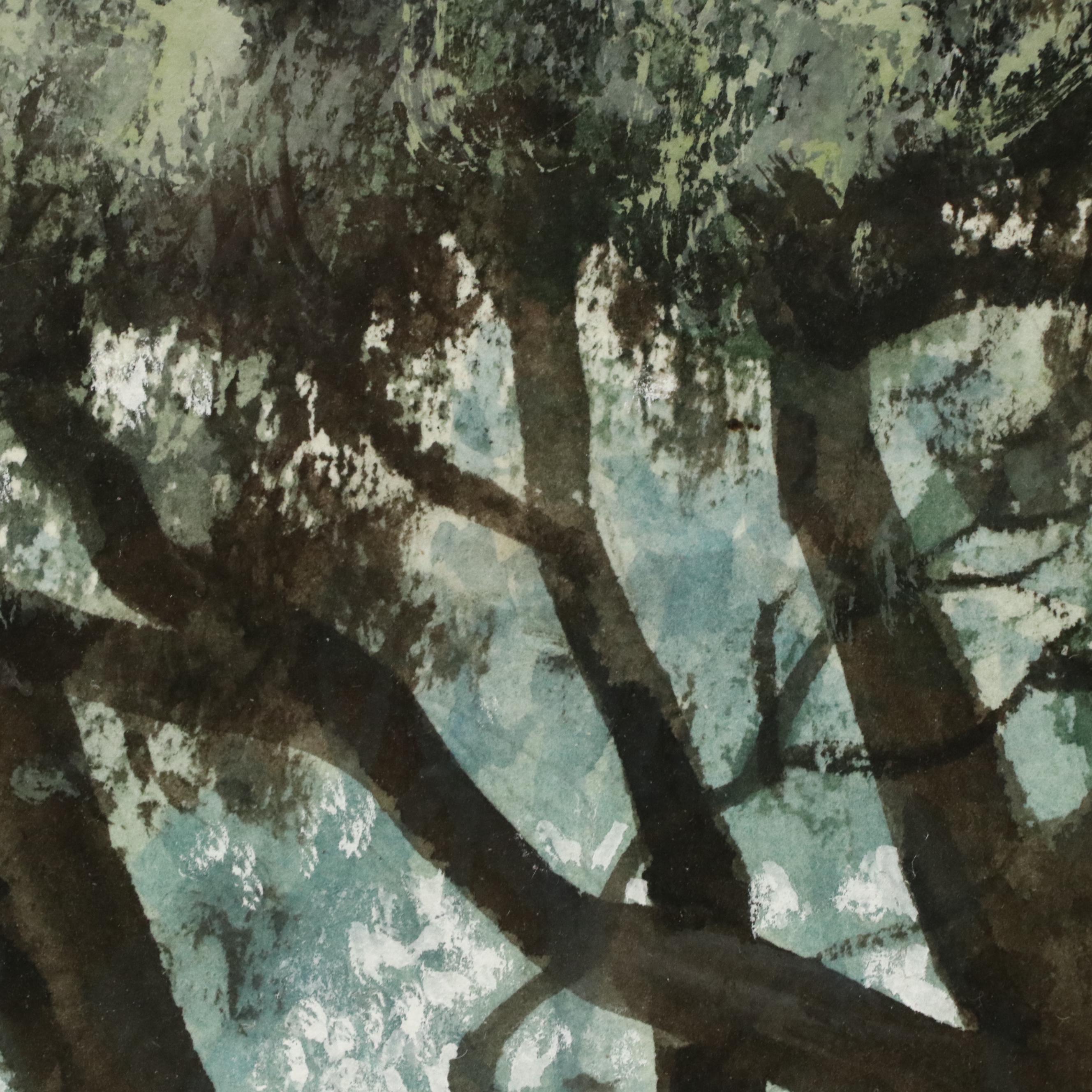 E. Gordon West Landscape Watercolor Painting of Woodland Path, 1991