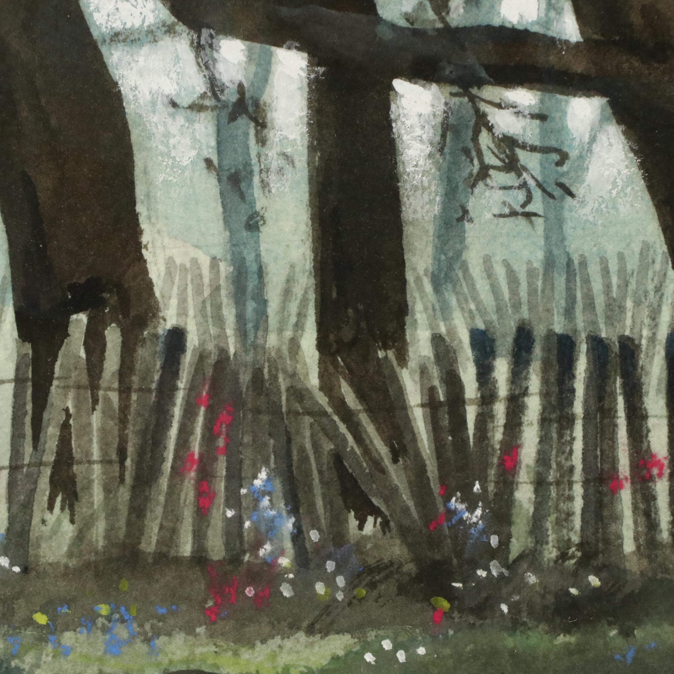 E. Gordon West Landscape Watercolor Painting of Woodland Path, 1991