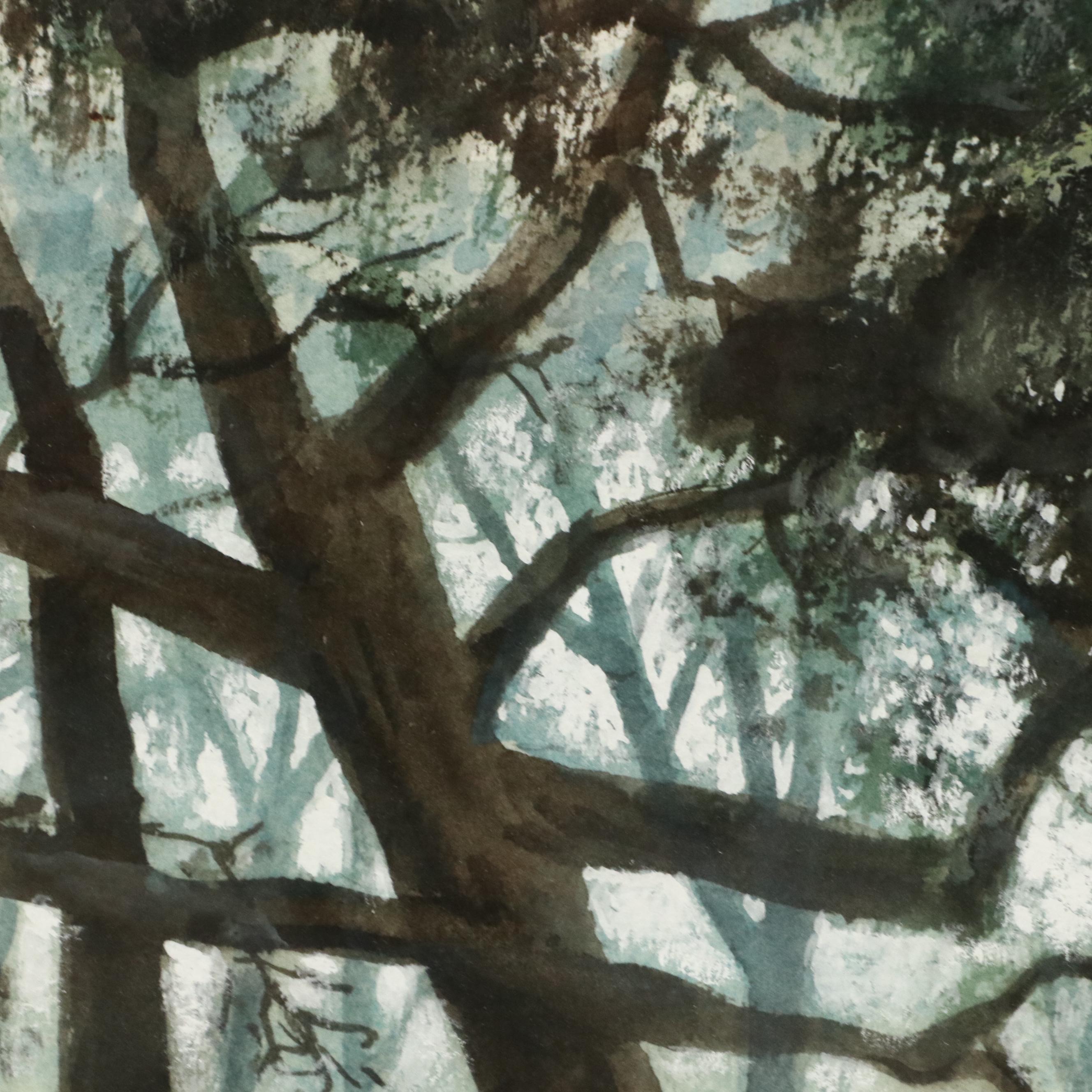 E. Gordon West Landscape Watercolor Painting of Woodland Path, 1991