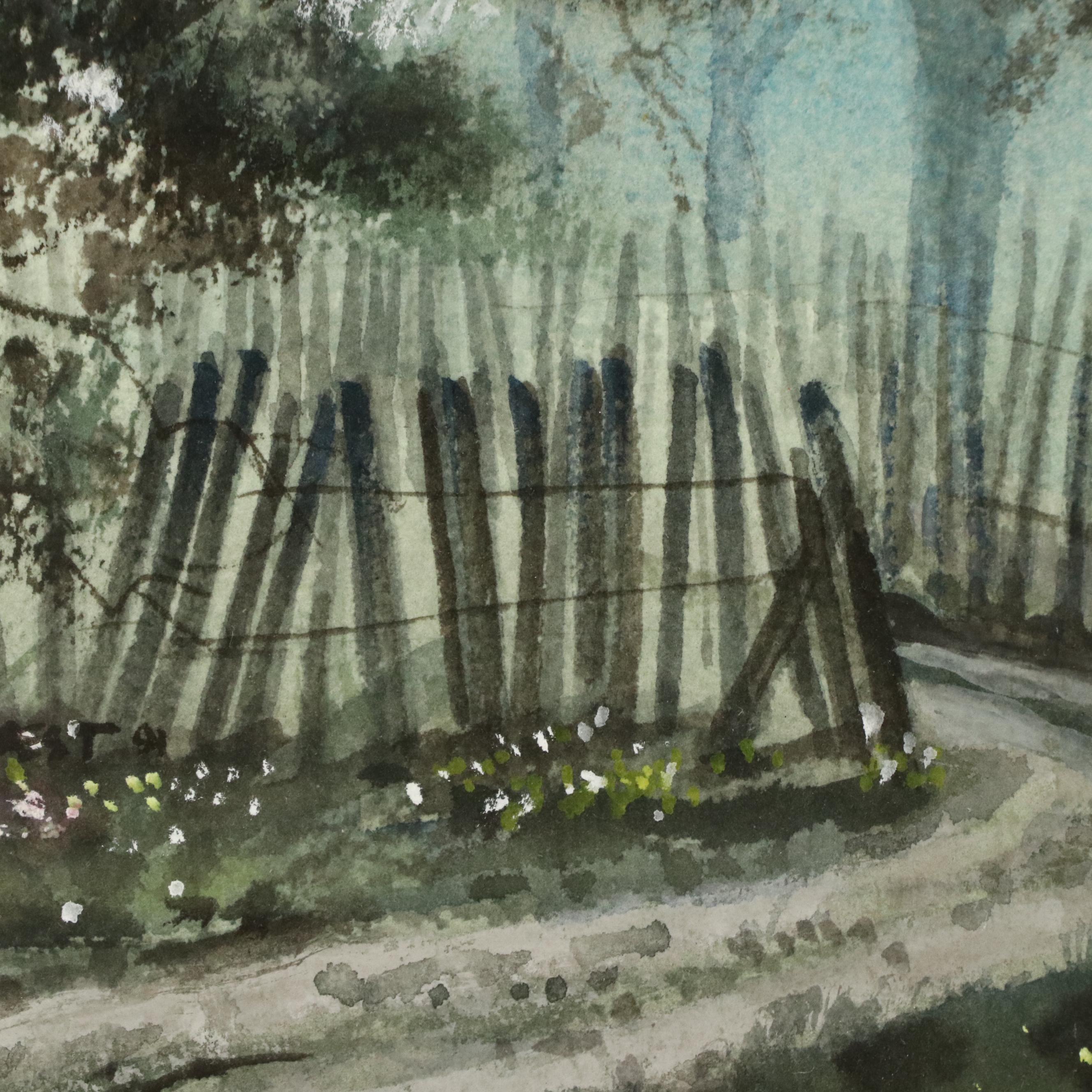 E. Gordon West Landscape Watercolor Painting of Woodland Path, 1991