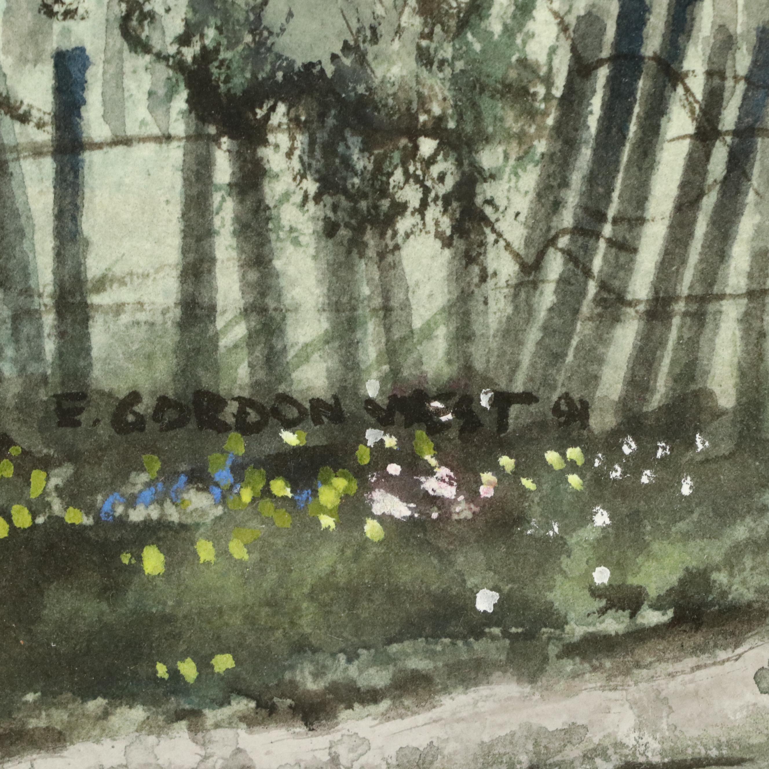 E. Gordon West Landscape Watercolor Painting of Woodland Path, 1991