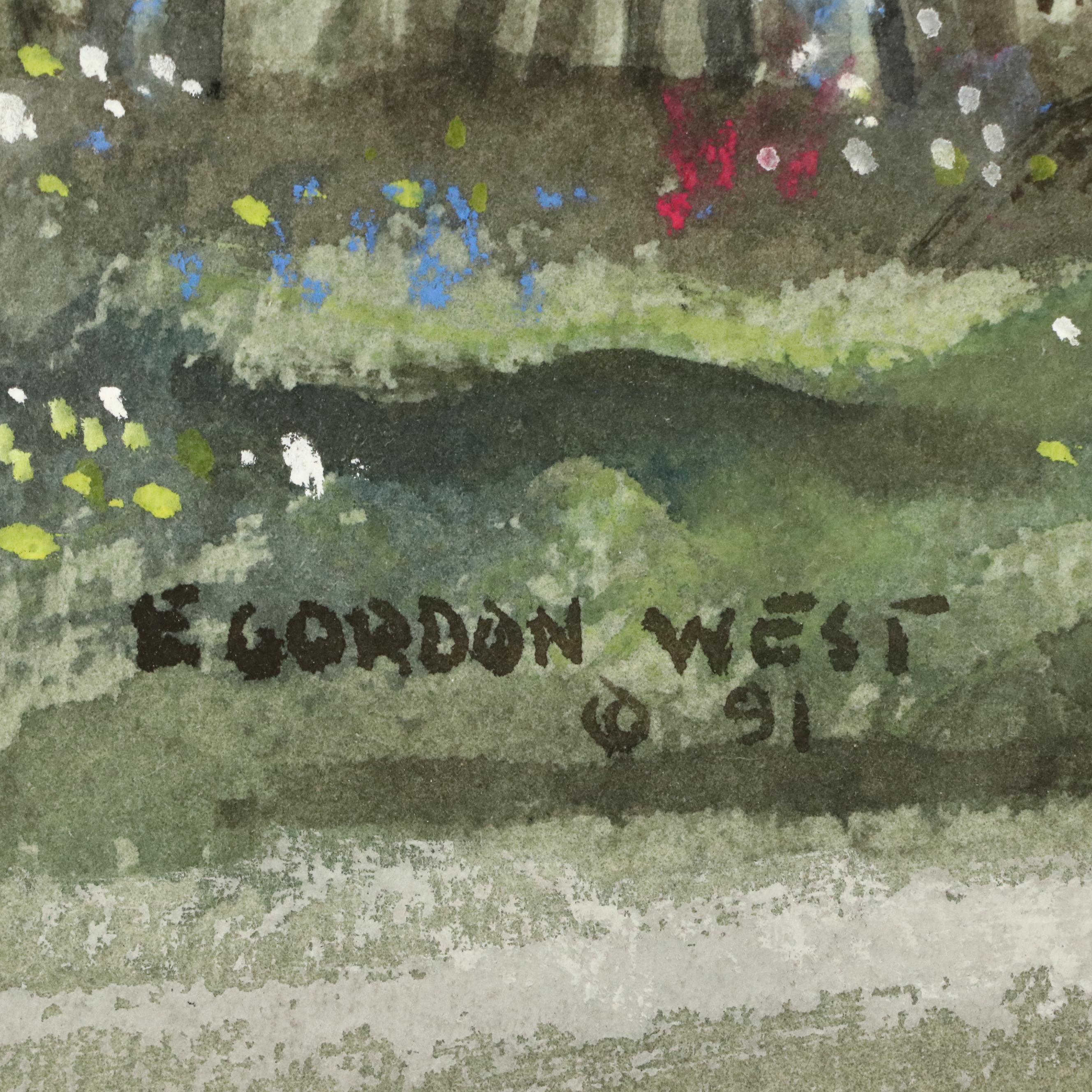 E. Gordon West Landscape Watercolor Painting of Woodland Path, 1991