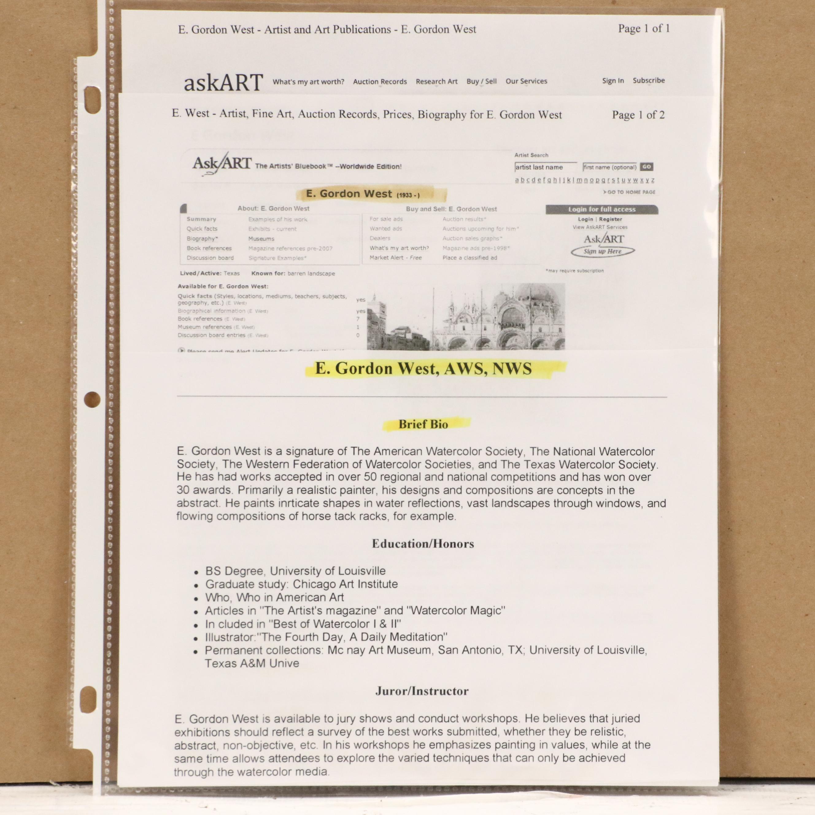 E. Gordon West Landscape Watercolor Painting of Woodland Path, 1991