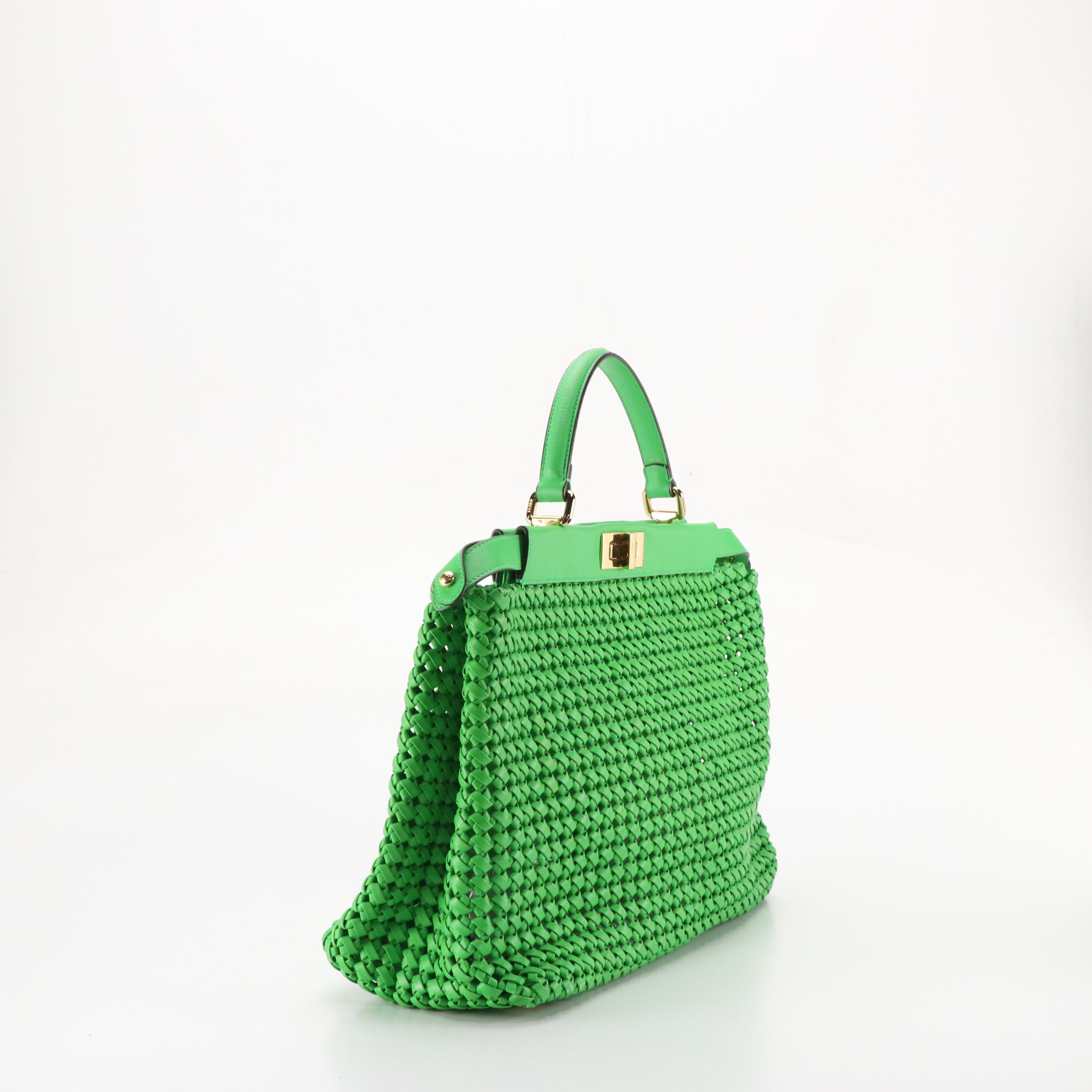 Fendi Large Iconic Peekaboo Bag in Green Interlace Calfskin Leather