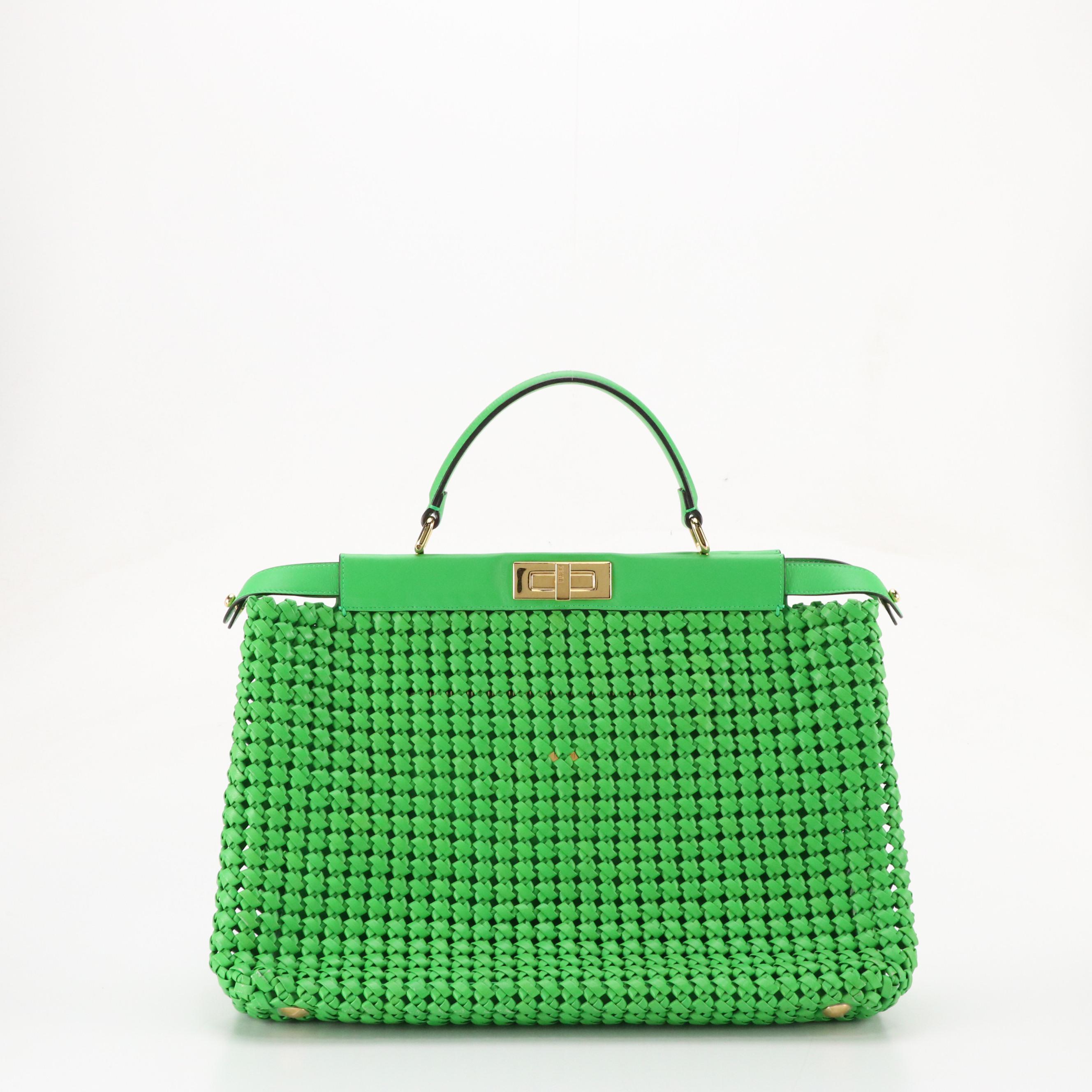 Fendi Large Iconic Peekaboo Bag in Green Interlace Calfskin Leather