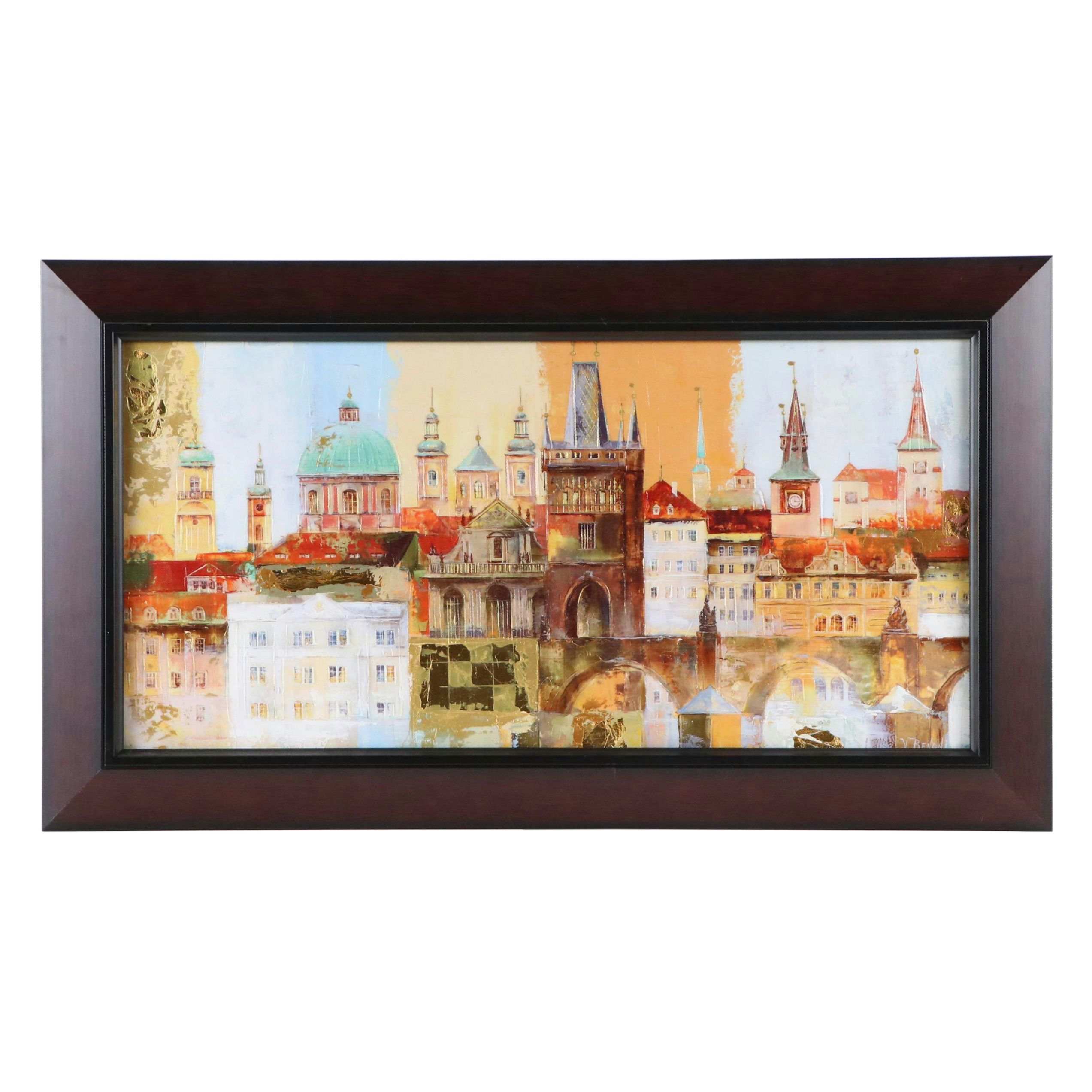 Veronika Benoni Modern Acrylic Painting of European Cityscape, Late 20th Century