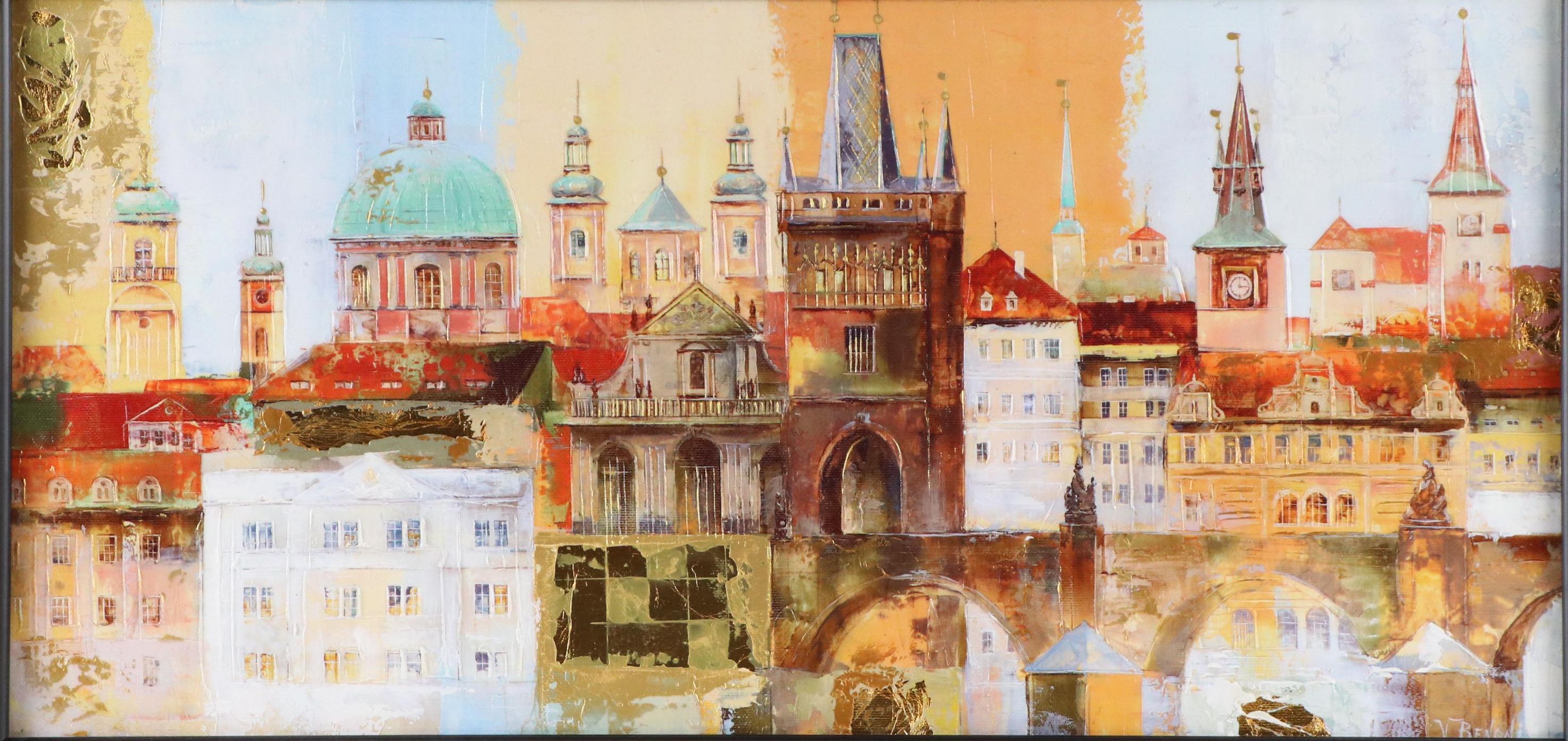 Veronika Benoni Modern Acrylic Painting of European Cityscape, Late 20th Century