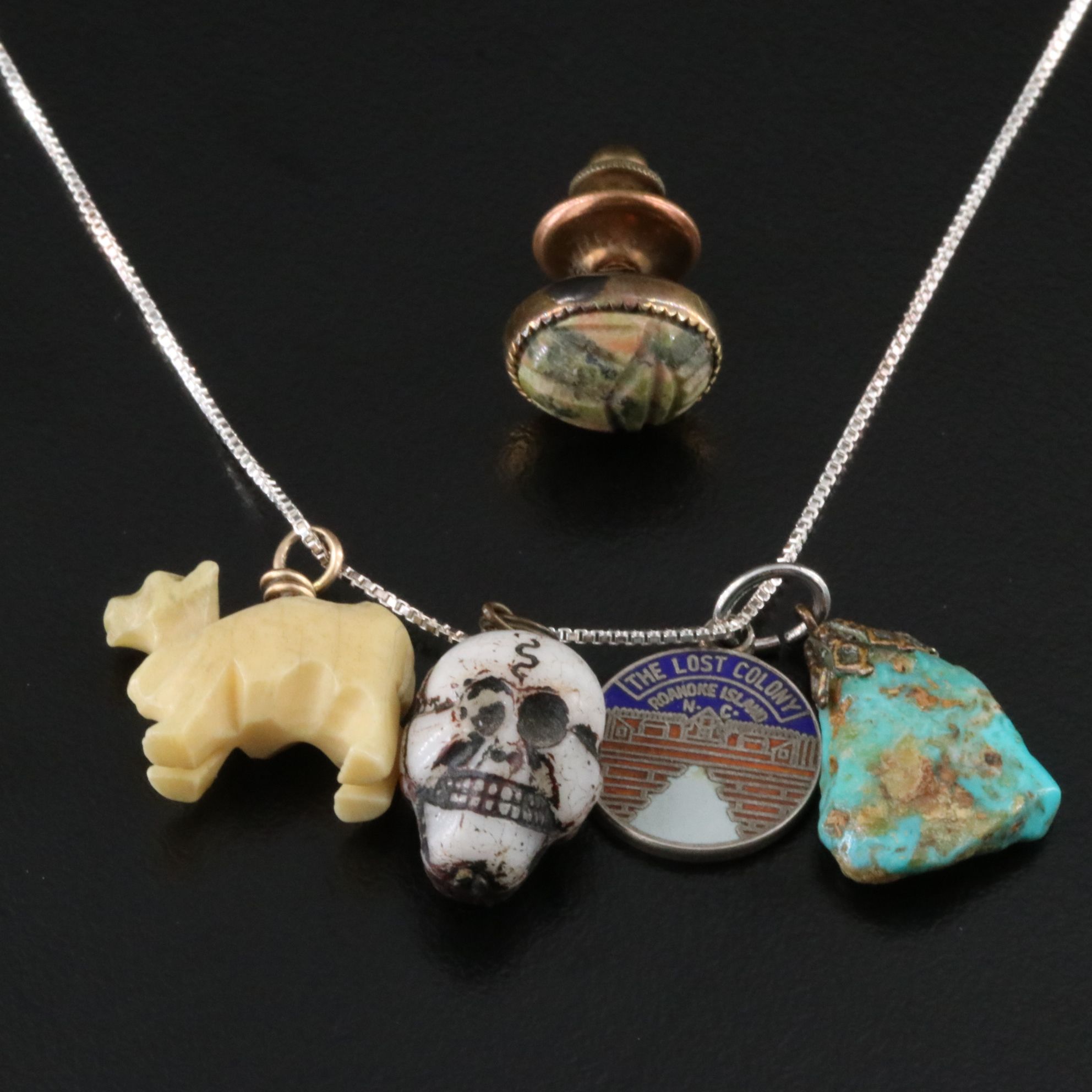 Souvenir Charm Necklace and Scarab Pin Including Sterling, Turquoise and Bone