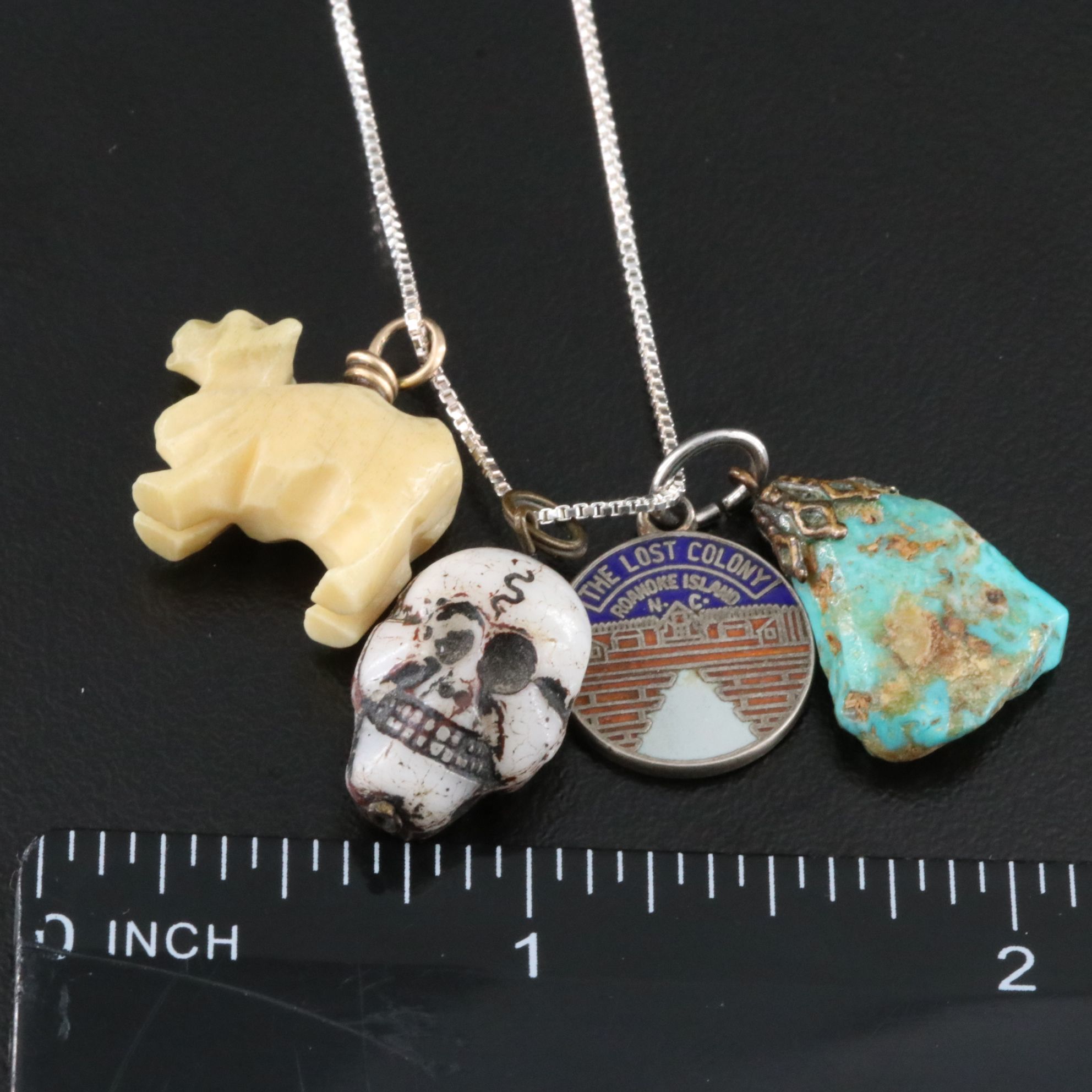 Souvenir Charm Necklace and Scarab Pin Including Sterling, Turquoise and Bone
