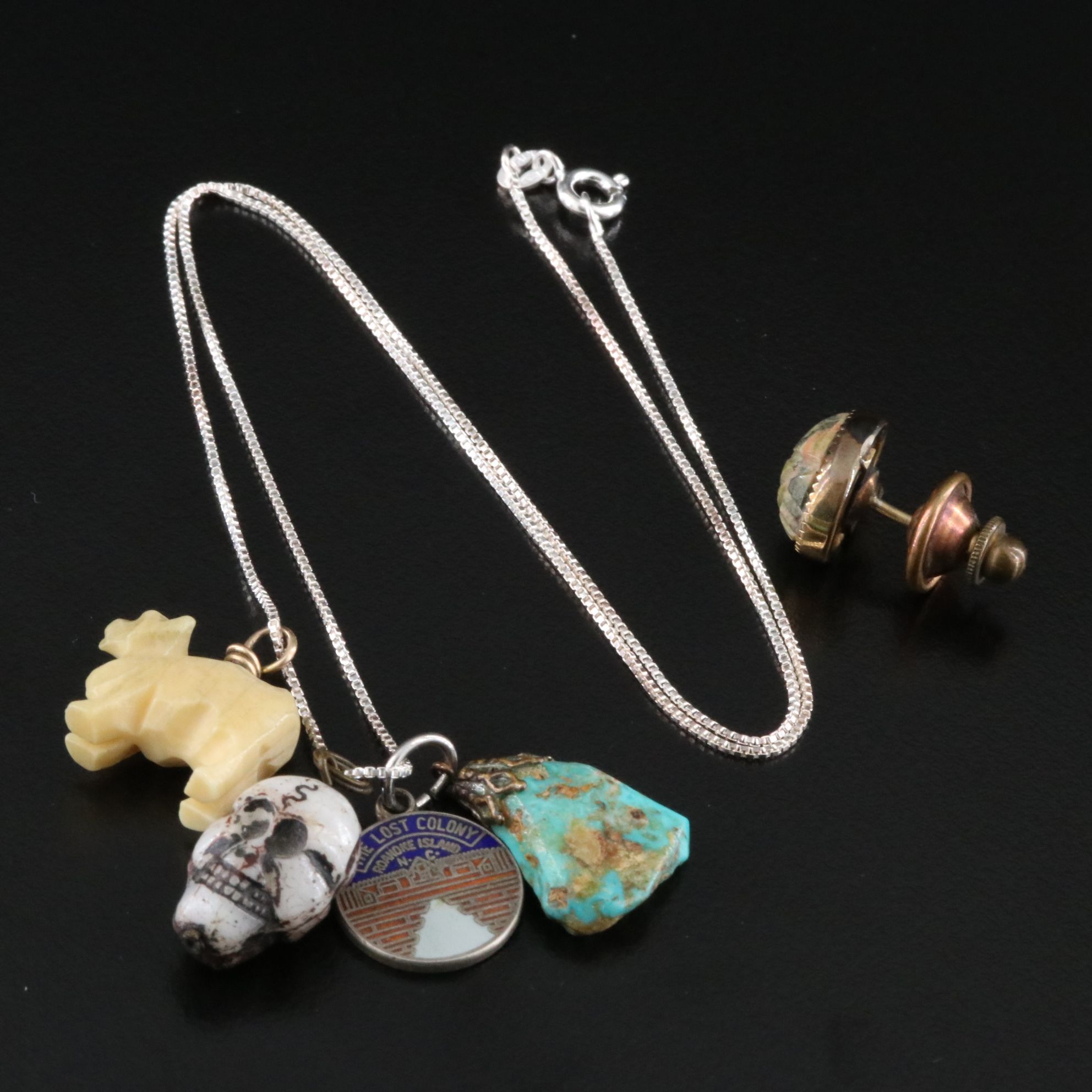 Souvenir Charm Necklace and Scarab Pin Including Sterling, Turquoise and Bone