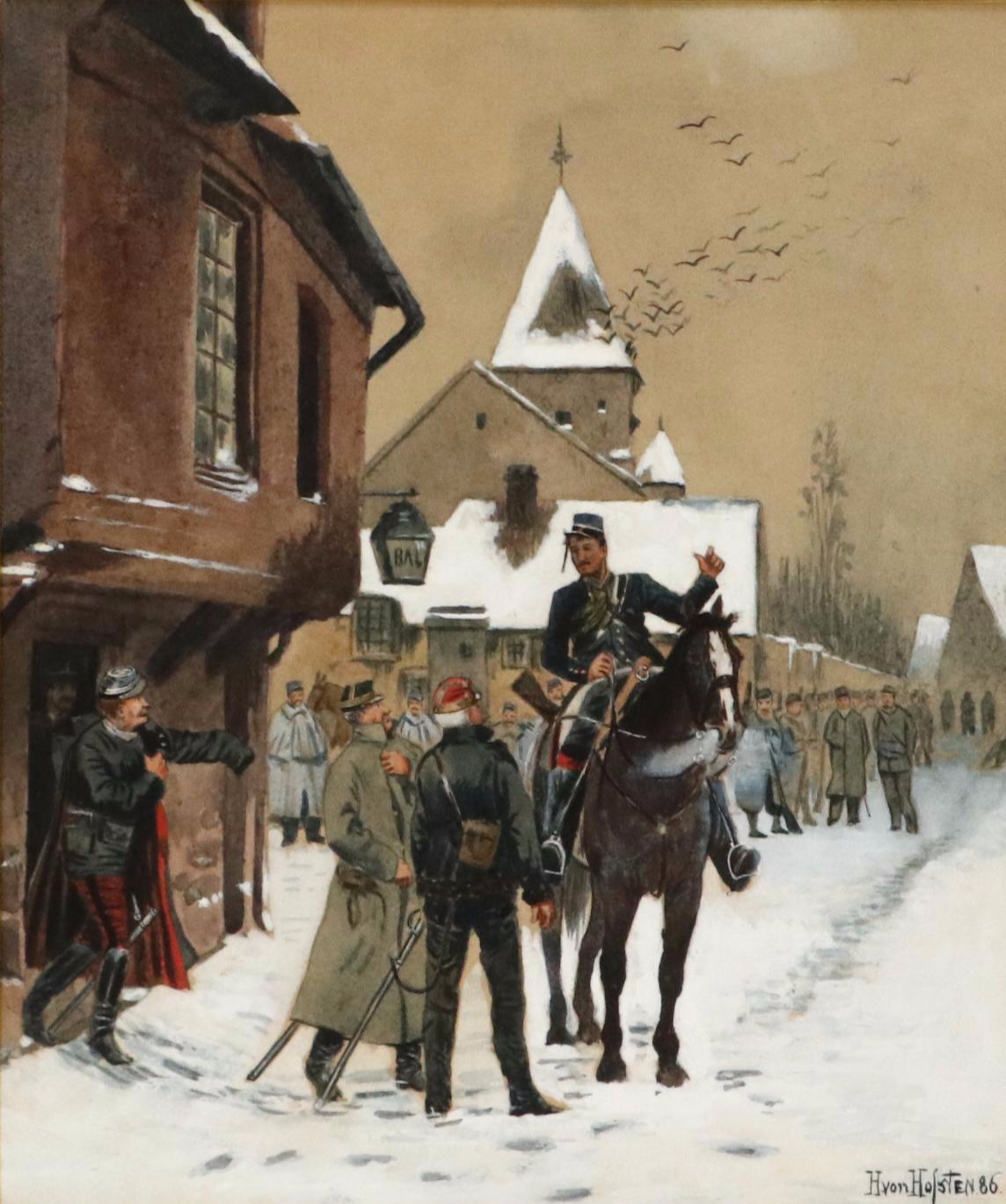 Hugo Von Hofston Gouache Painting of Military Street Scene, 1886