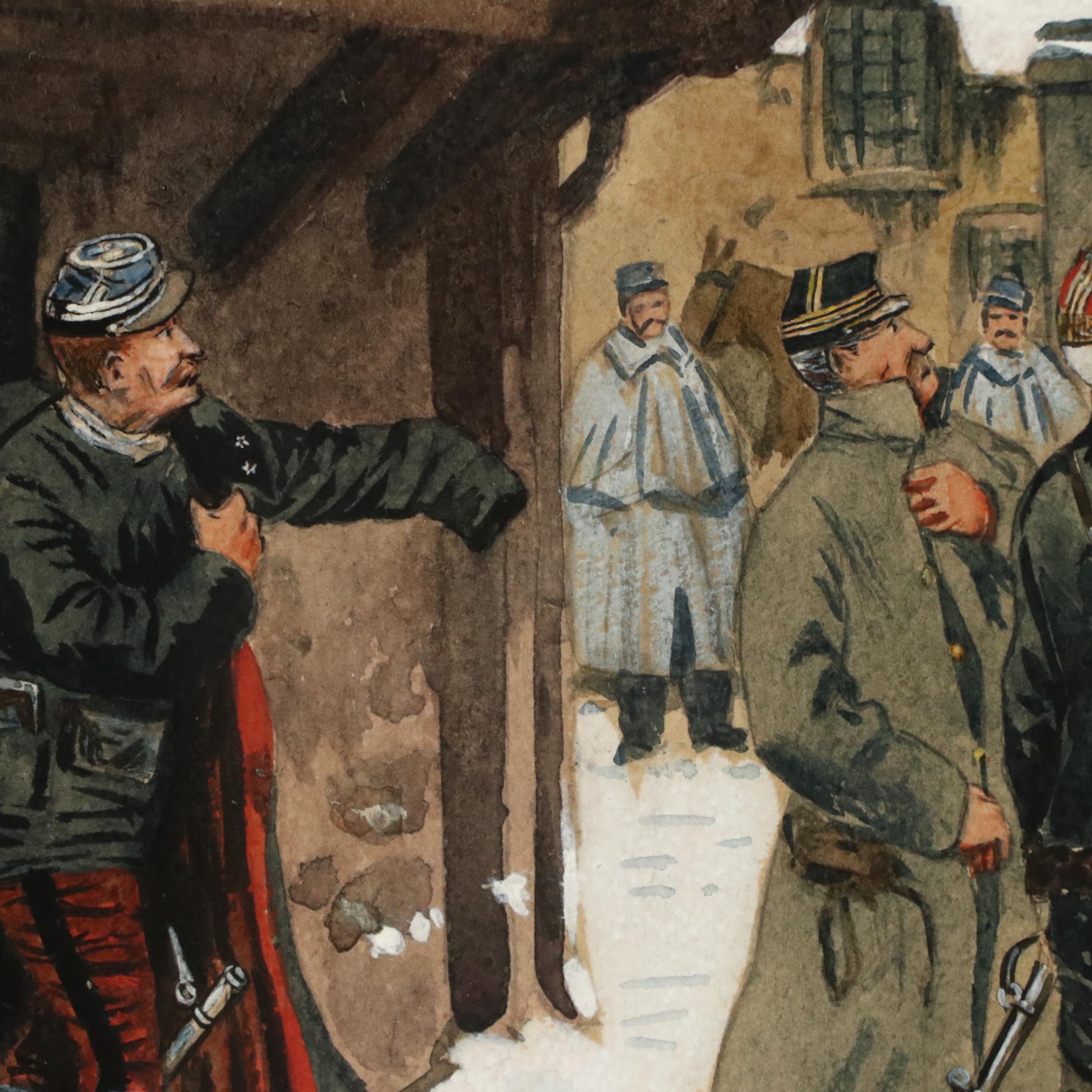 Hugo Von Hofston Gouache Painting of Military Street Scene, 1886