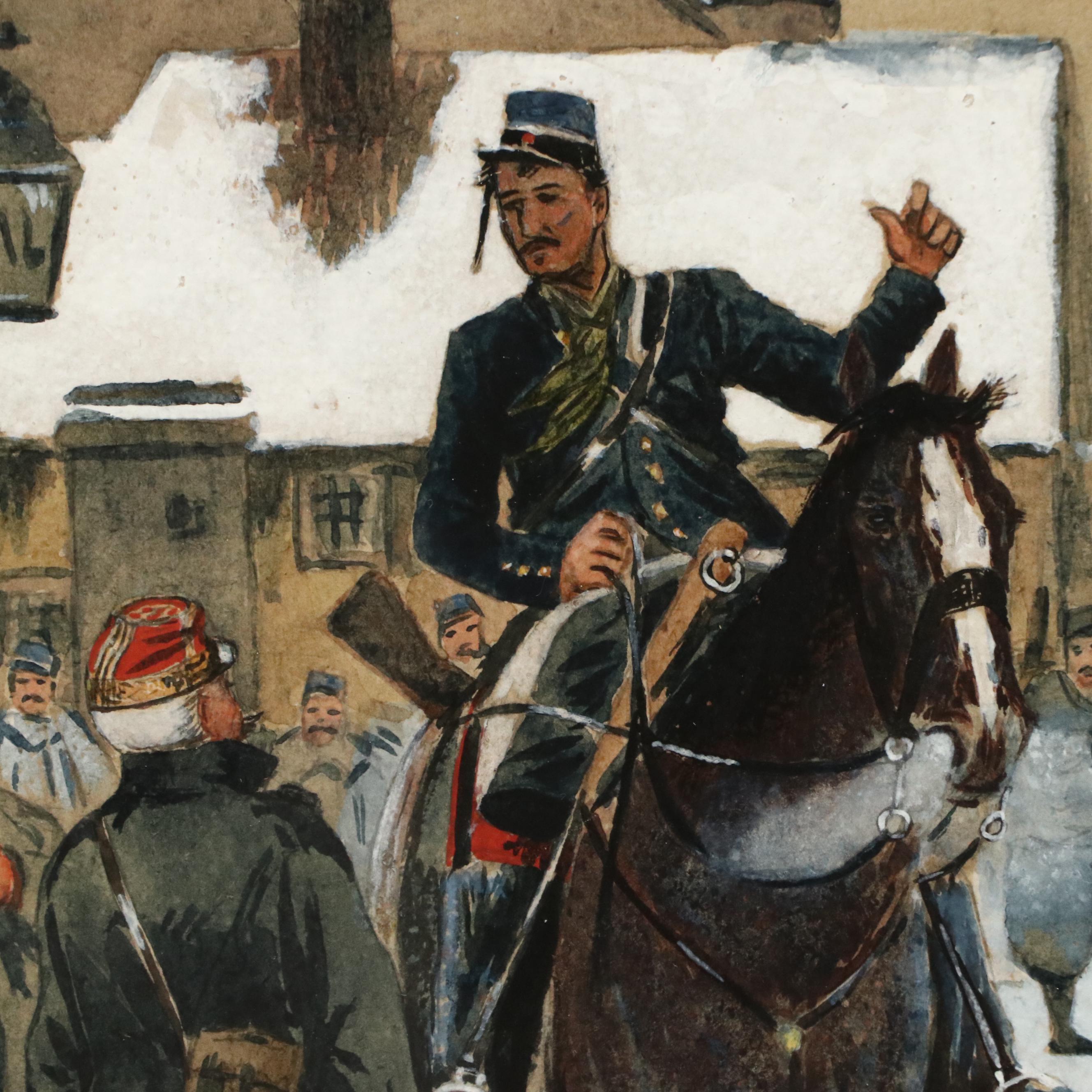 Hugo Von Hofston Gouache Painting of Military Street Scene, 1886