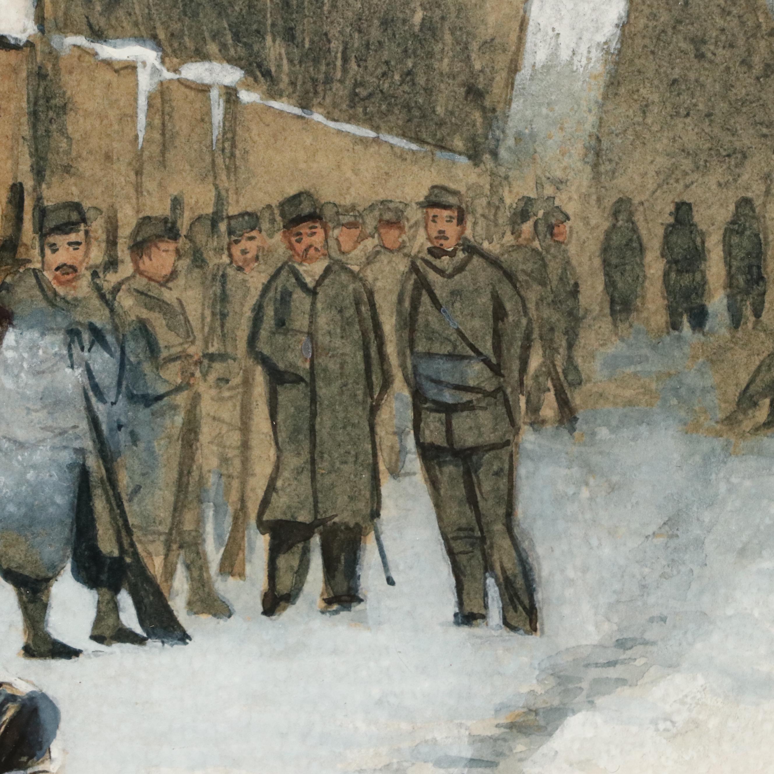 Hugo Von Hofston Gouache Painting of Military Street Scene, 1886