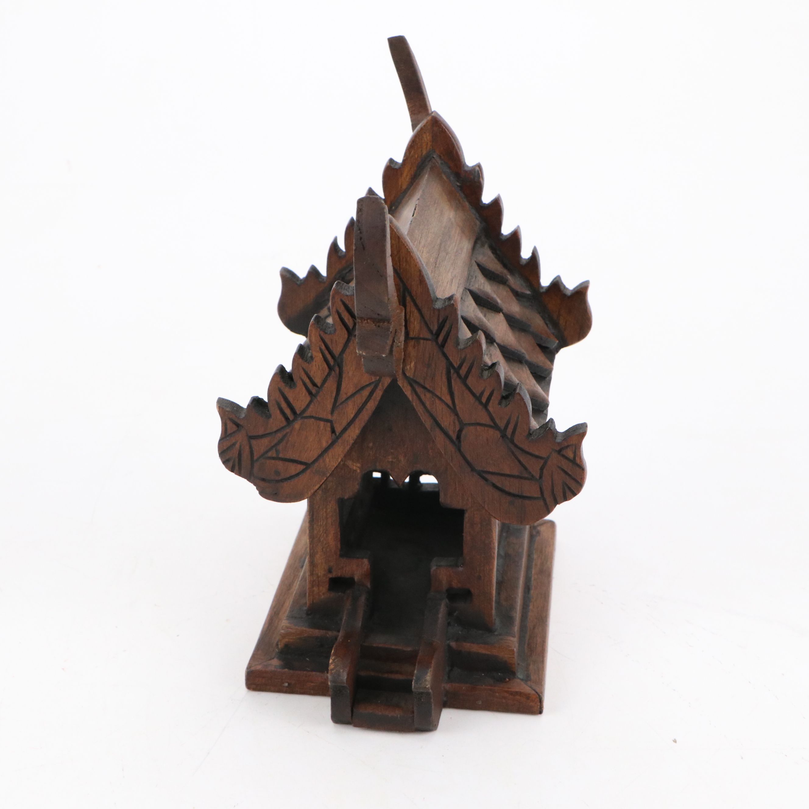 Thai Carved Wooden Spirit House, Japanese Porcelain Teapot, and Porcelain Vase