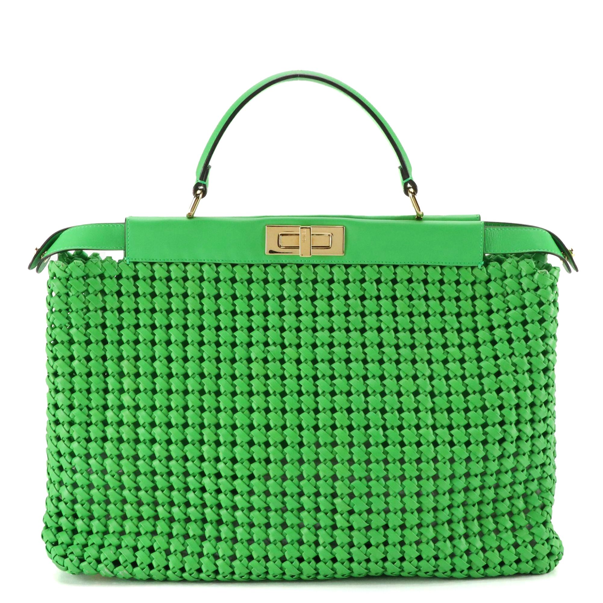 Fendi Large Iconic Peekaboo Bag in Green Interlace Calfskin Leather