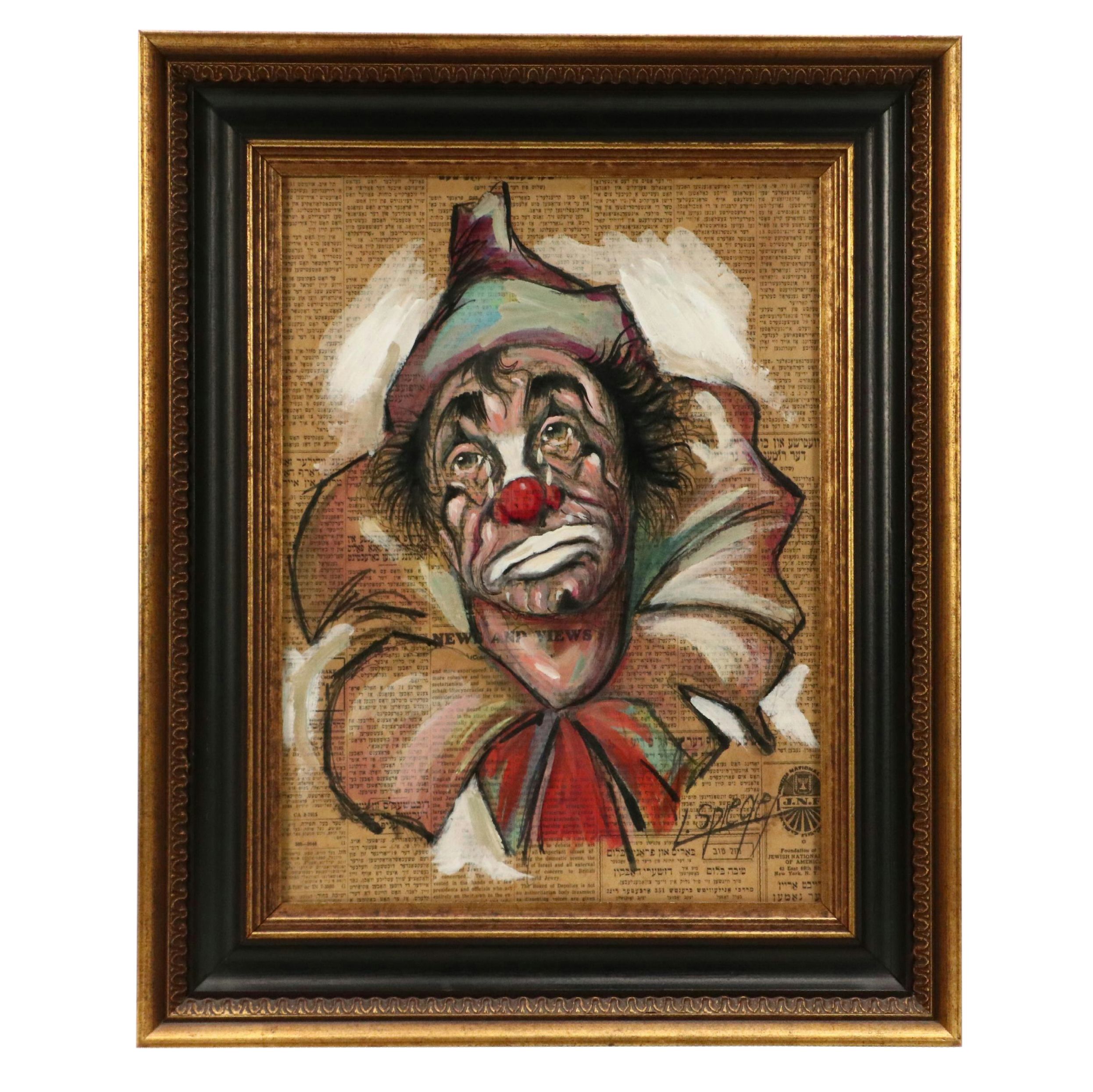 Louis Spiegel Oil Painting Portrait of Clown on Newspaper, 1969