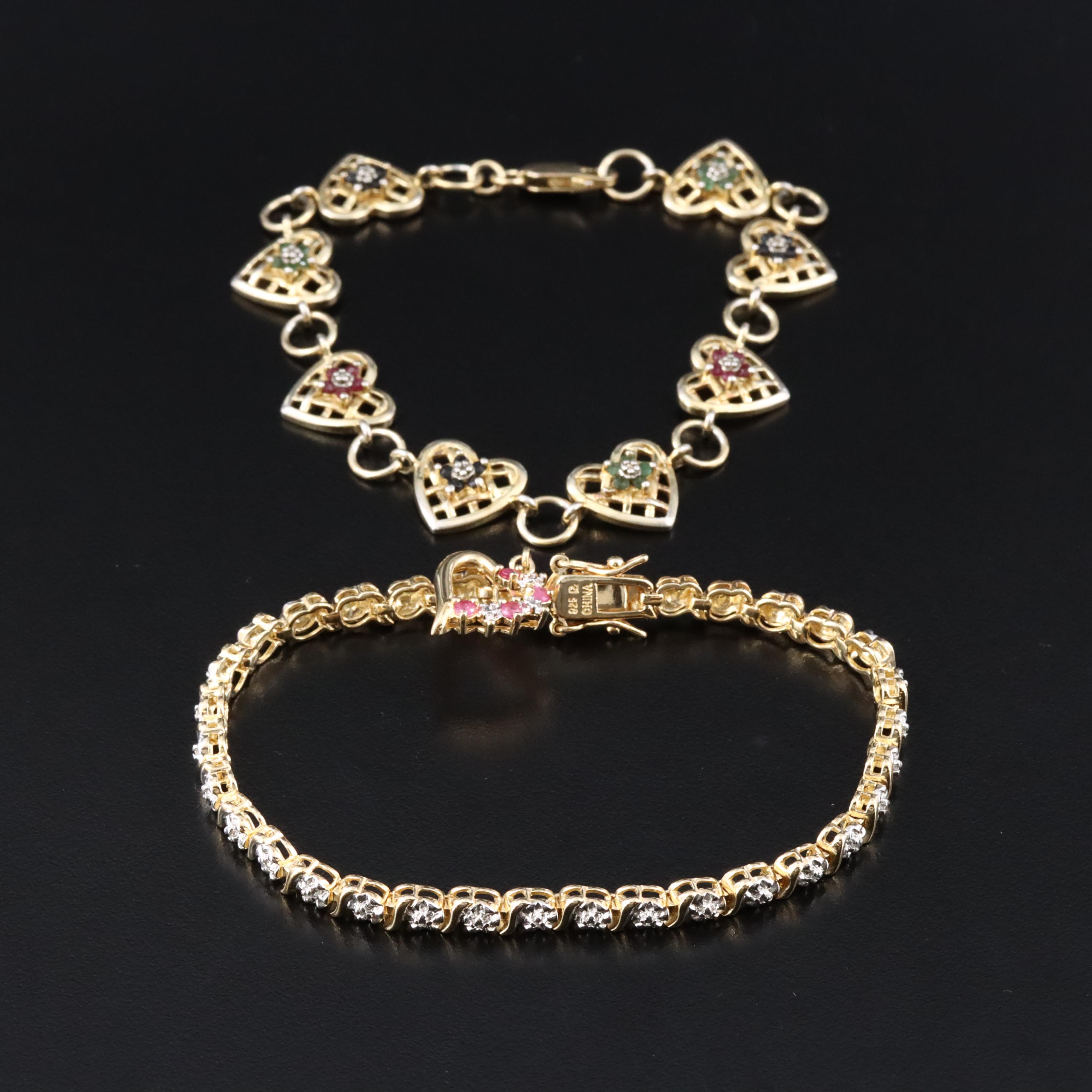 Sterling Gemstone Heart Bracelets with Diamond Accents