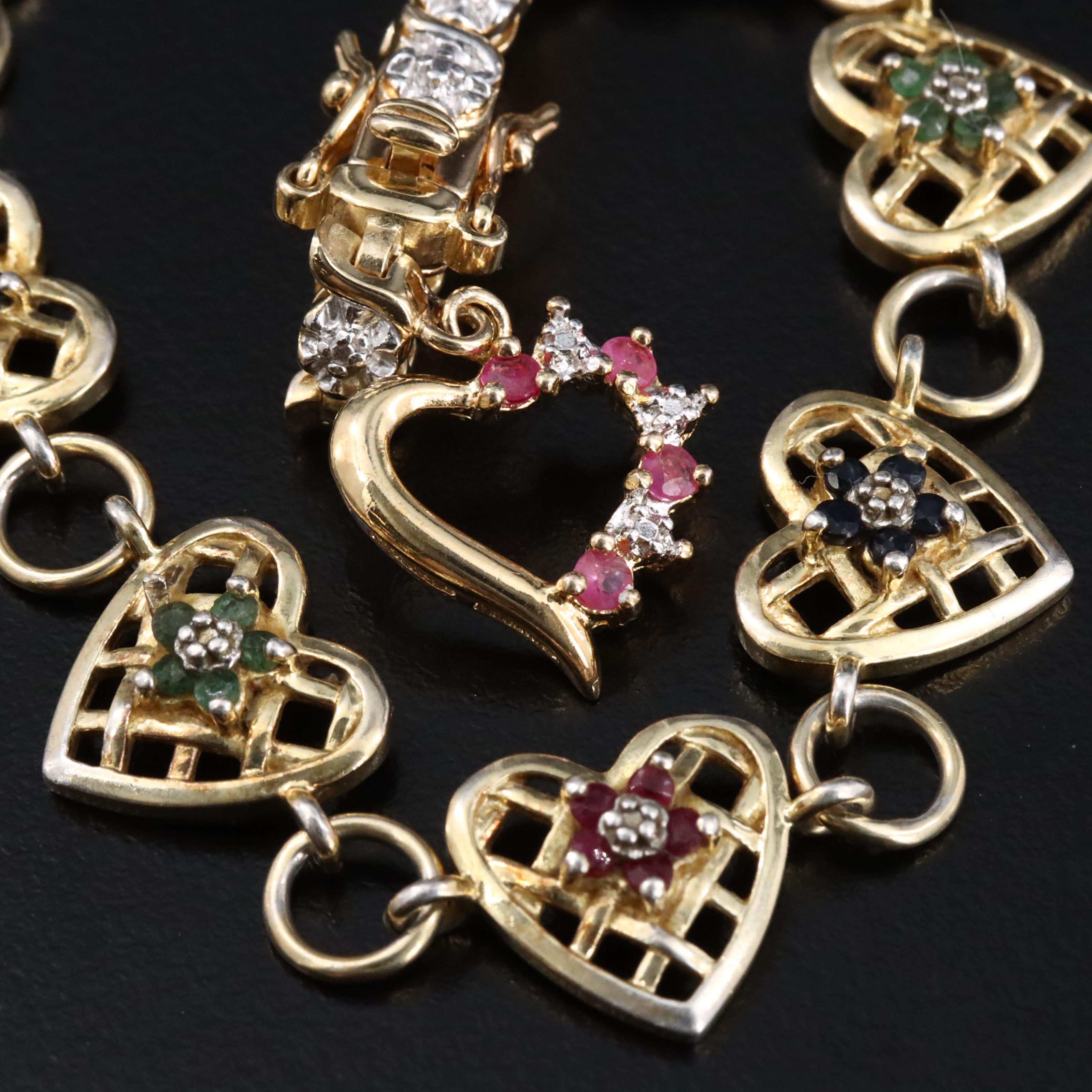 Sterling Gemstone Heart Bracelets with Diamond Accents