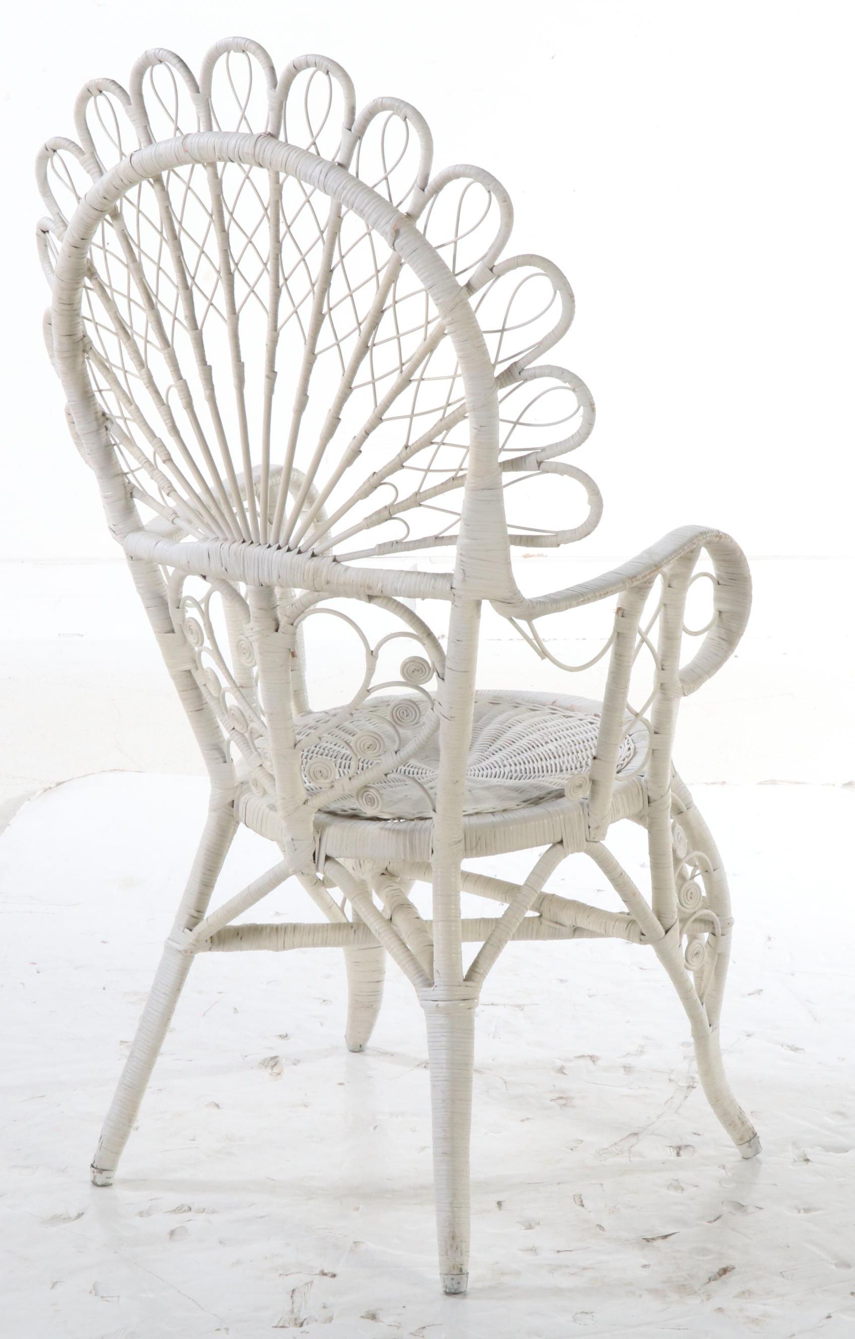 Victorian Peacock Style White Painted Rattan Wicker Armchair, Early 20th Century