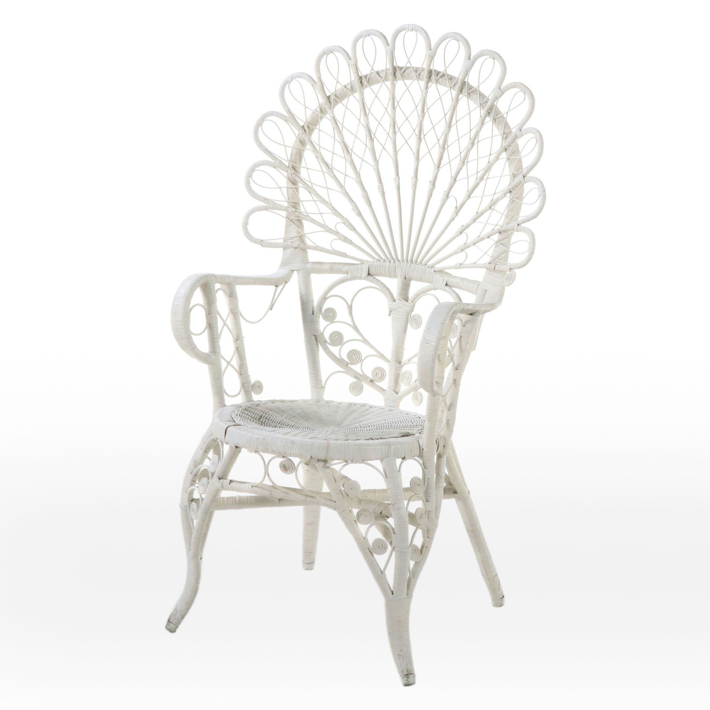 Victorian Peacock Style White Painted Rattan Wicker Armchair, Early 20th Century