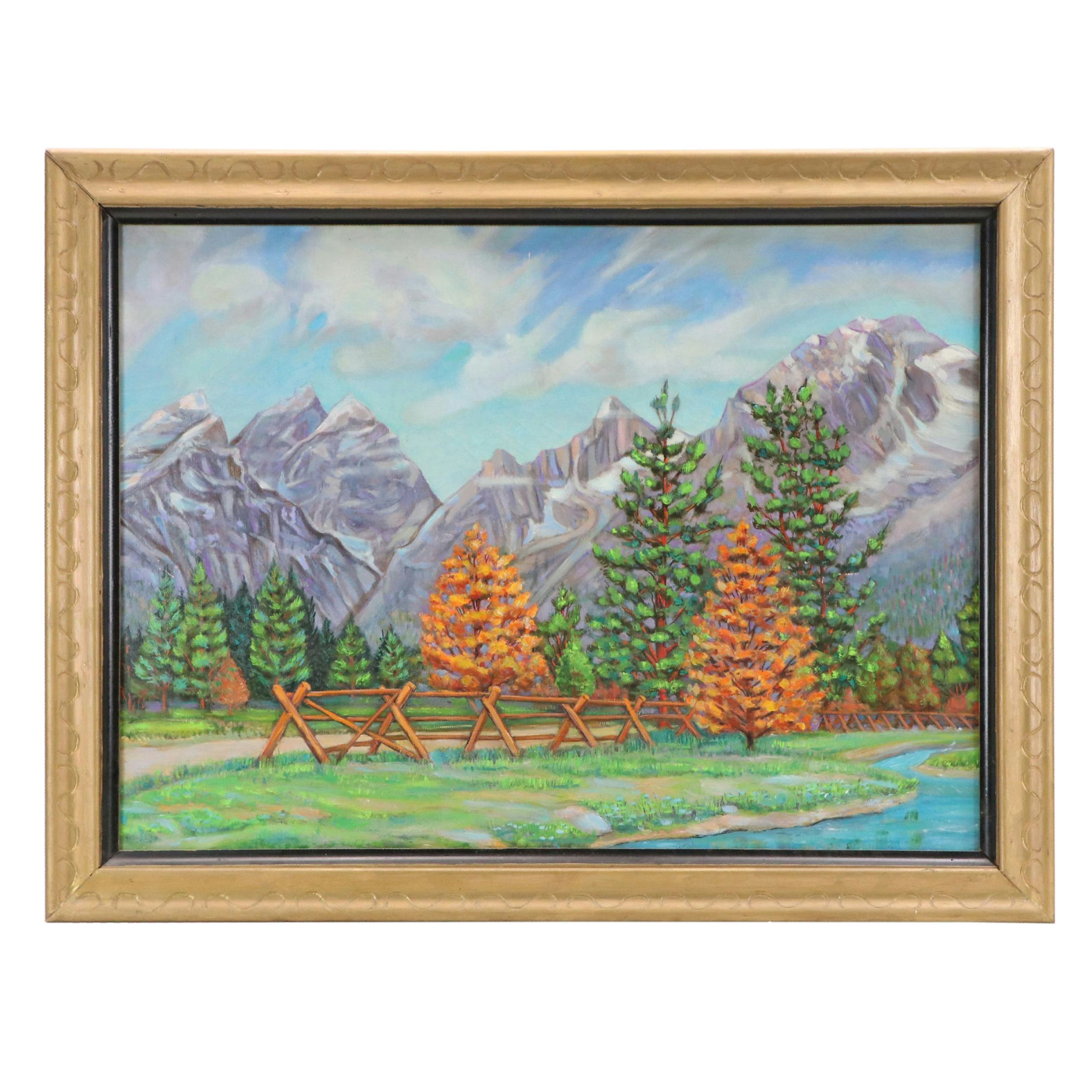 Oil Painting of Autumn Mountain Landscape, Late 20th Century