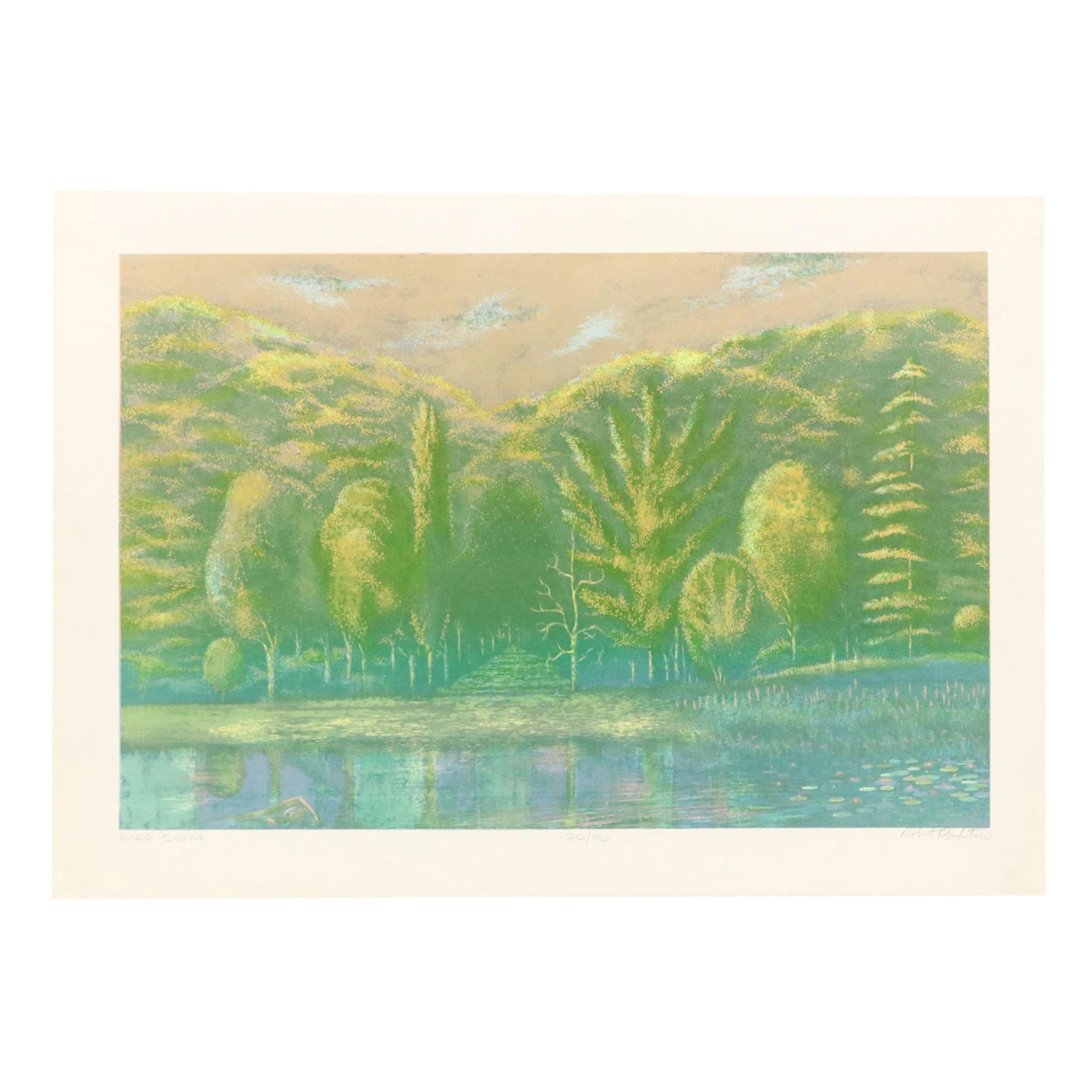 Robert Burkert Landscape Serigraph "Lake Swim," Mid to Late 20th Century