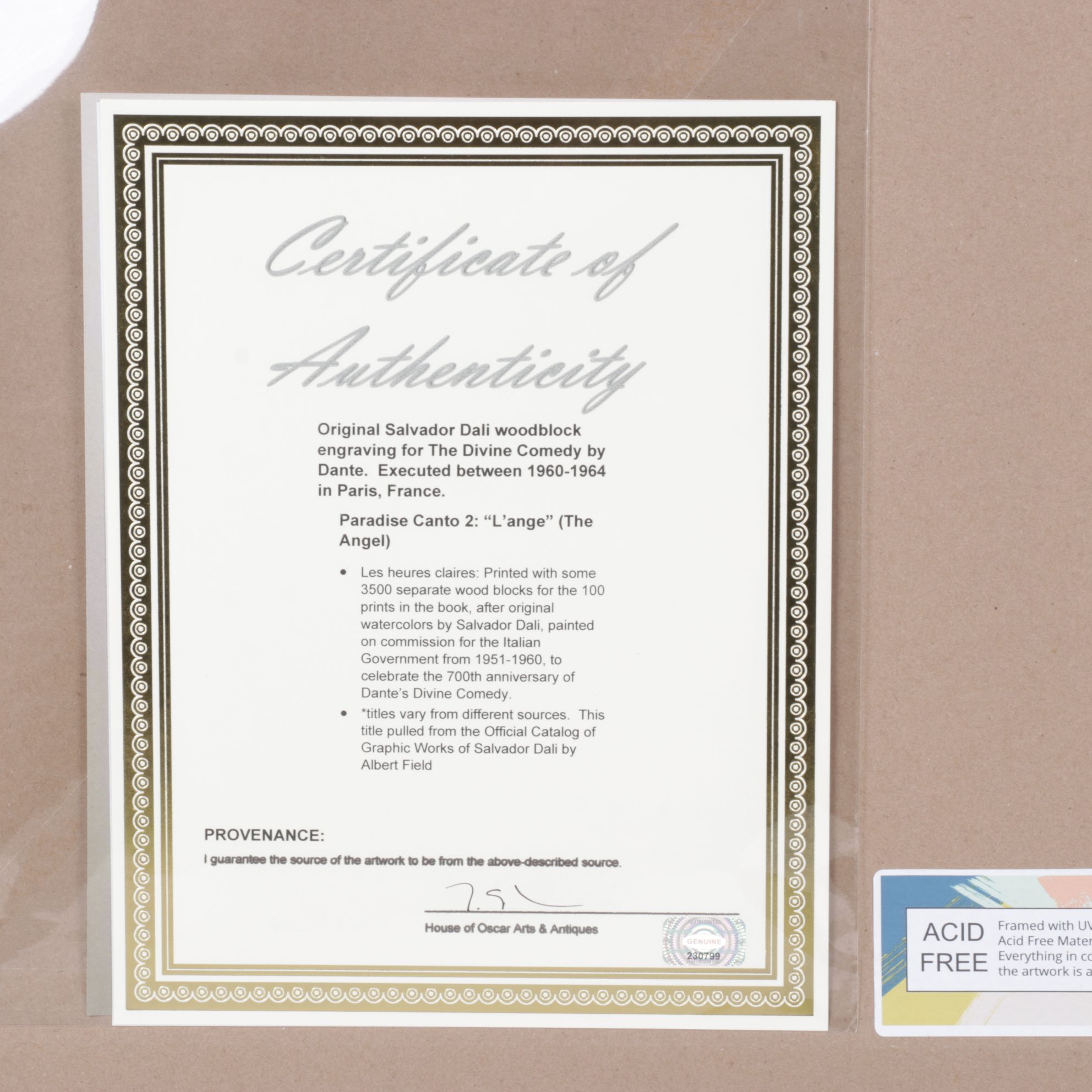 Salvador Dalí Wood Engraving "L'ange", 1964