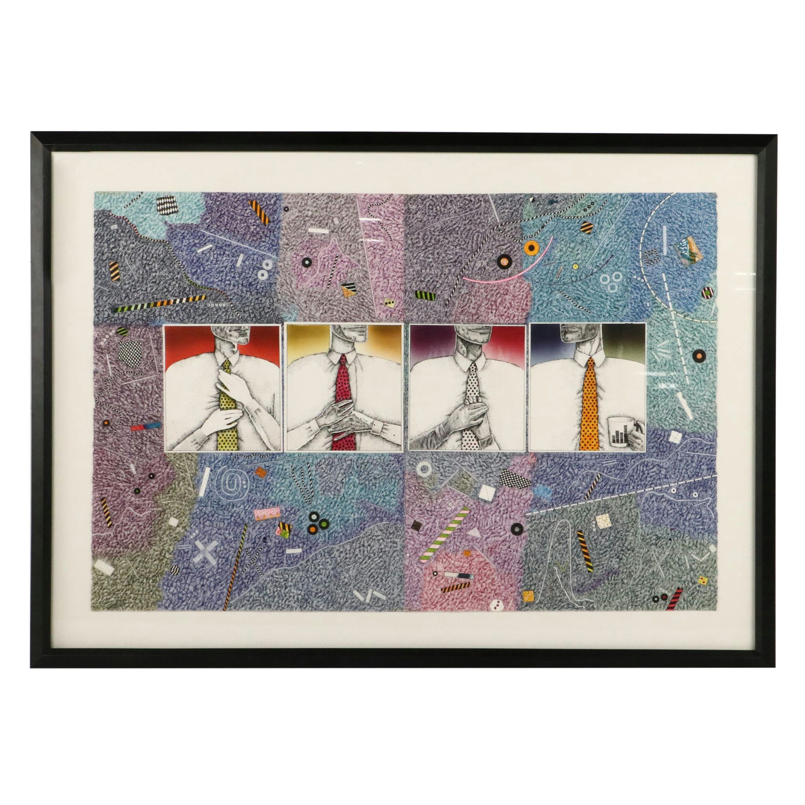 Thom Shaw Large-Scale Mixed Media Drawing of Men Wearing Ties