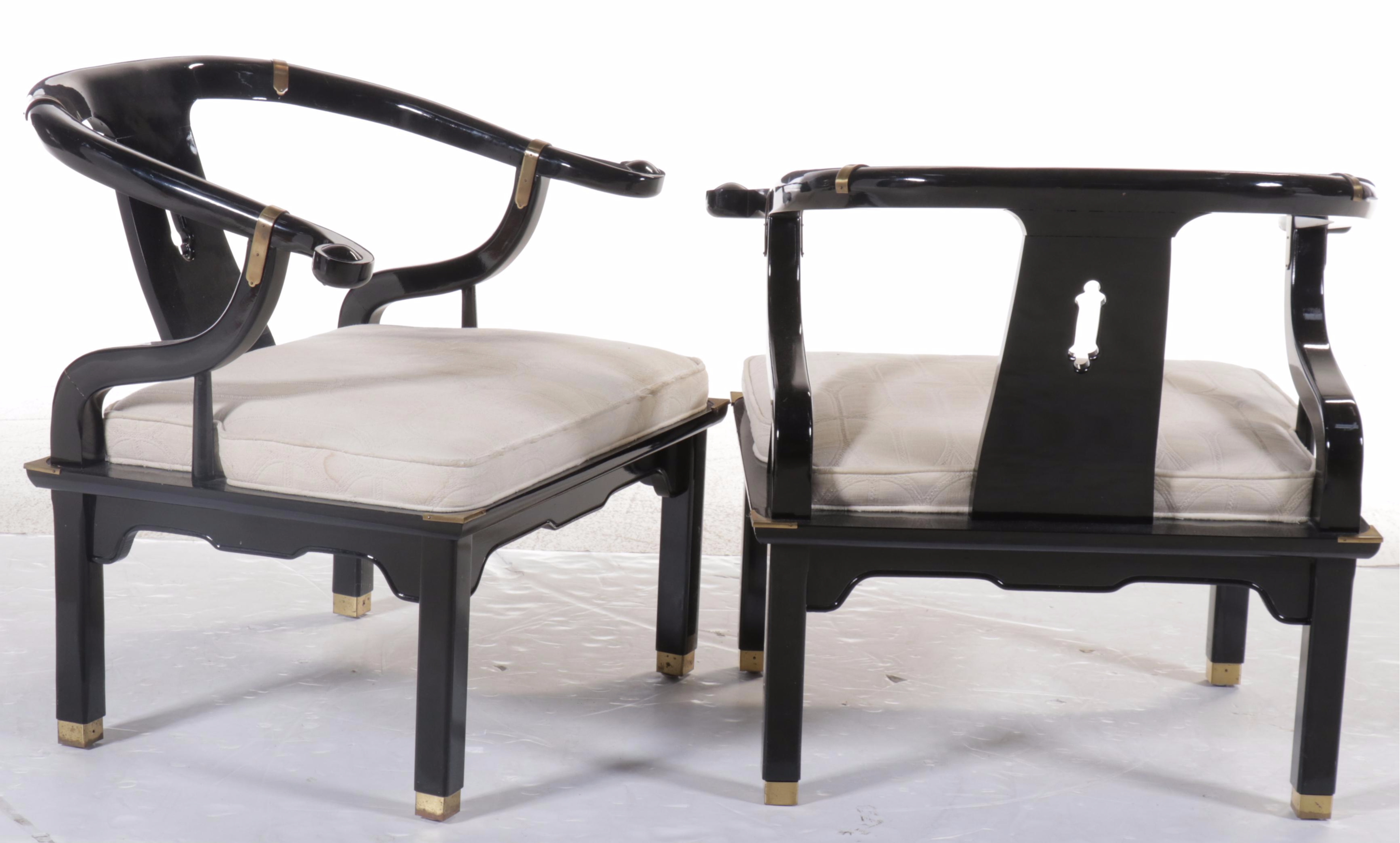 Pair of Century Chair Co. Chinese Style Black Lacquered Wood Armchairs