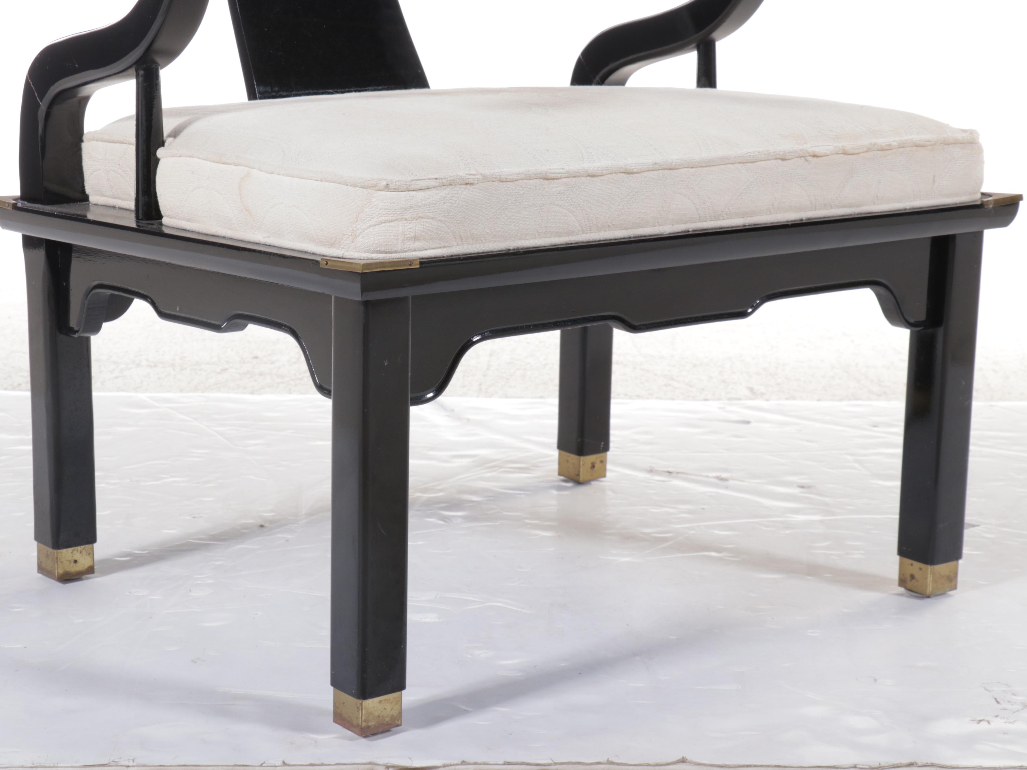 Pair of Century Chair Co. Chinese Style Black Lacquered Wood Armchairs