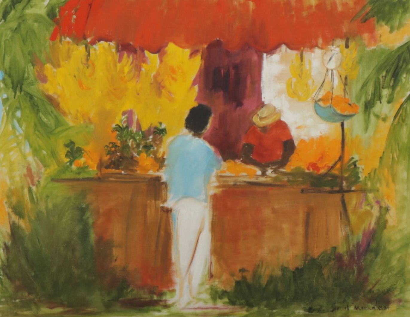 Janet Michalson Modernist Oil Painting of Patron at an Outdoor Fruit Stand