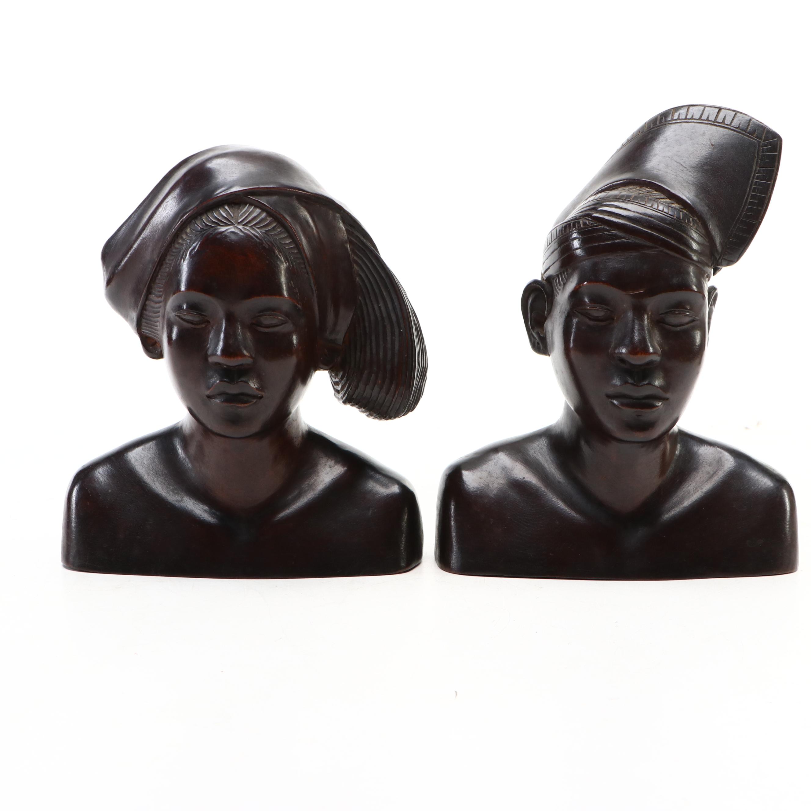 Balinese Ebonized Wood Male and Female Figure Quarter Busts
