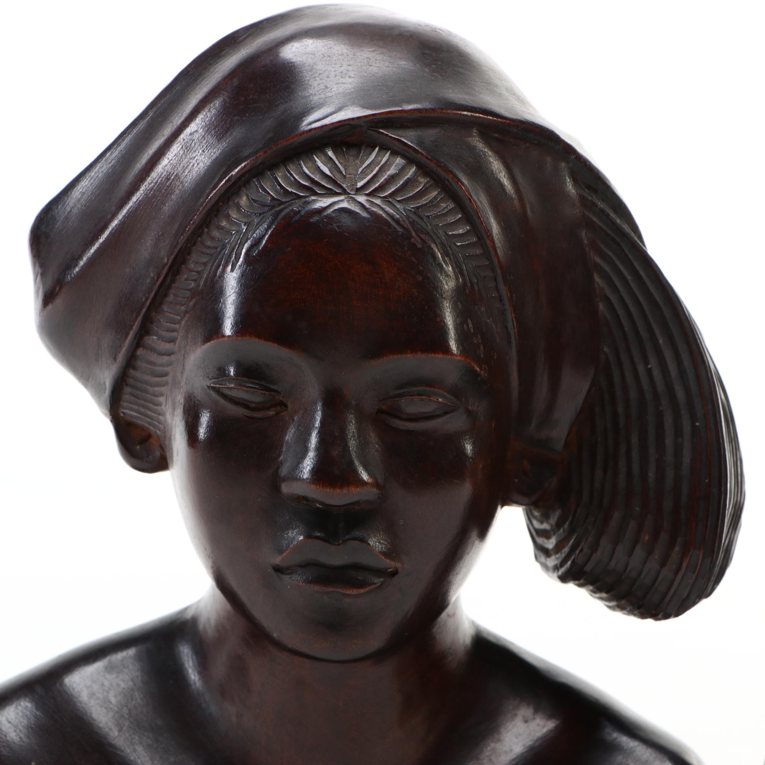 Balinese Ebonized Wood Male and Female Figure Quarter Busts