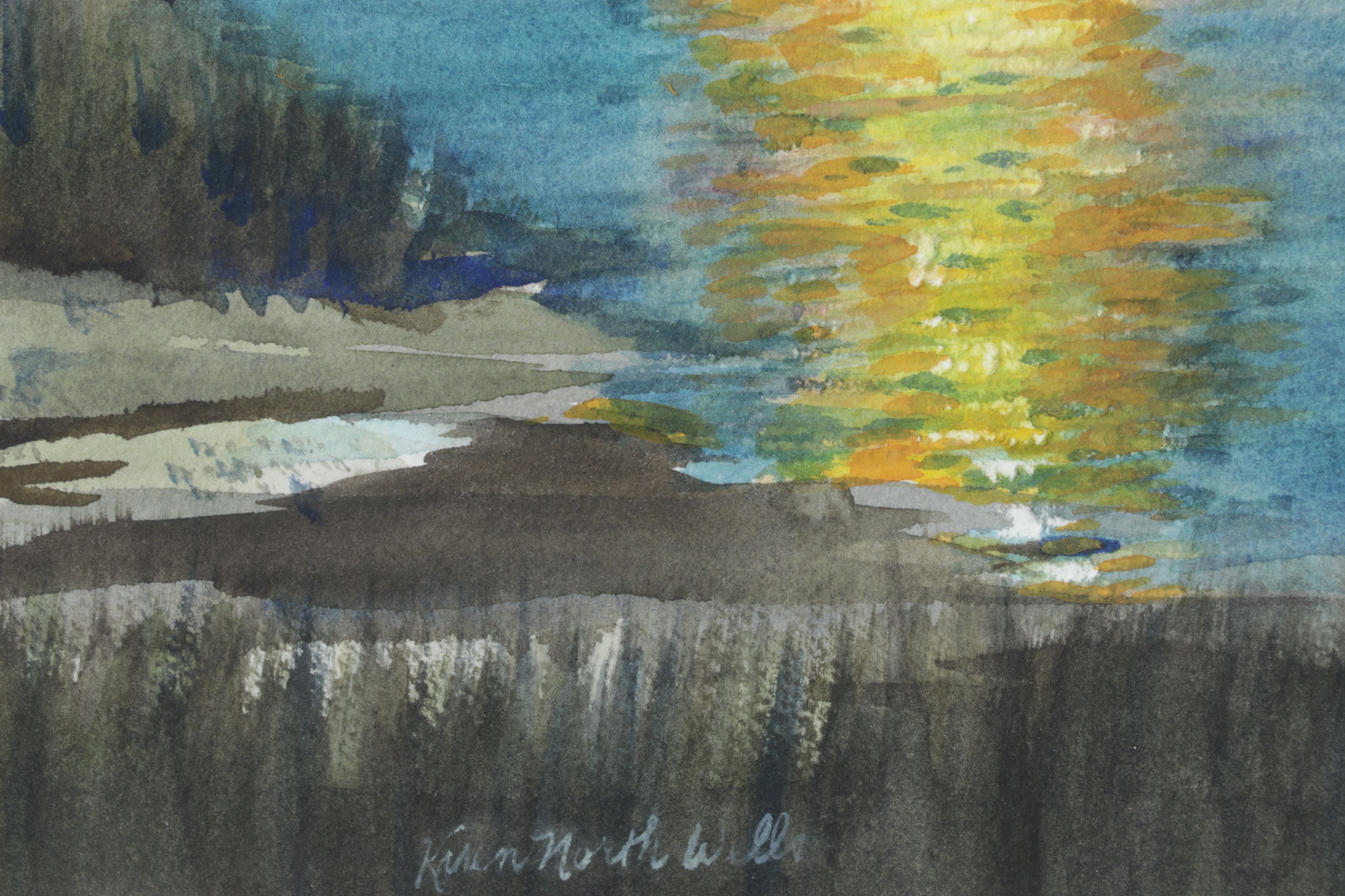 Karen North Wells Watercolor Painting of Wetland Landscape at Sunrise