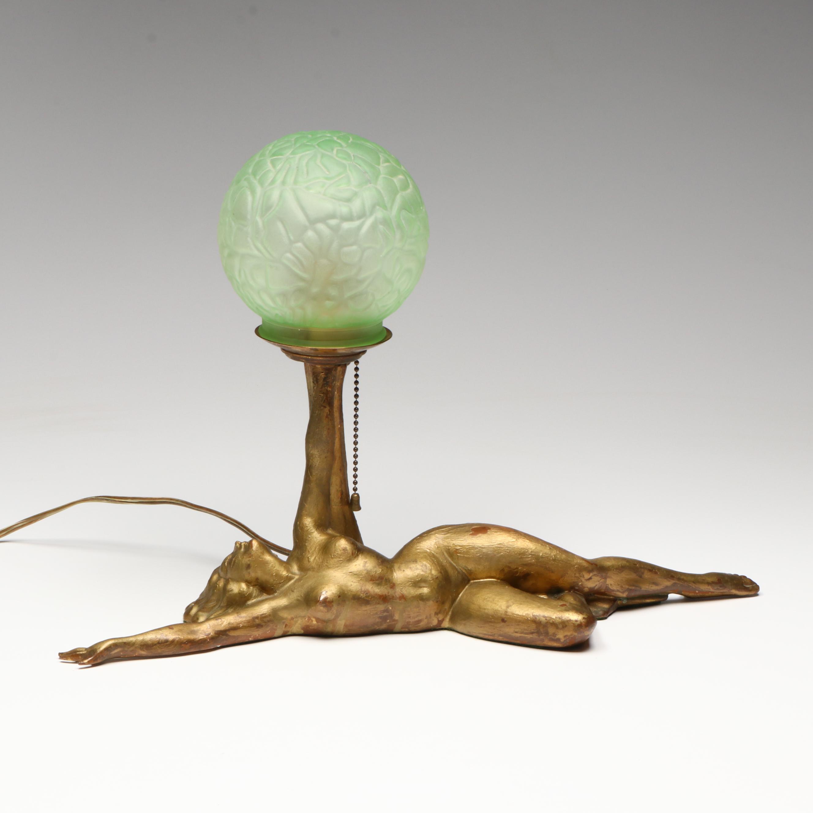 Art Deco Reclining Nude Gilt Metal Lamp with Uranium Glass Shade