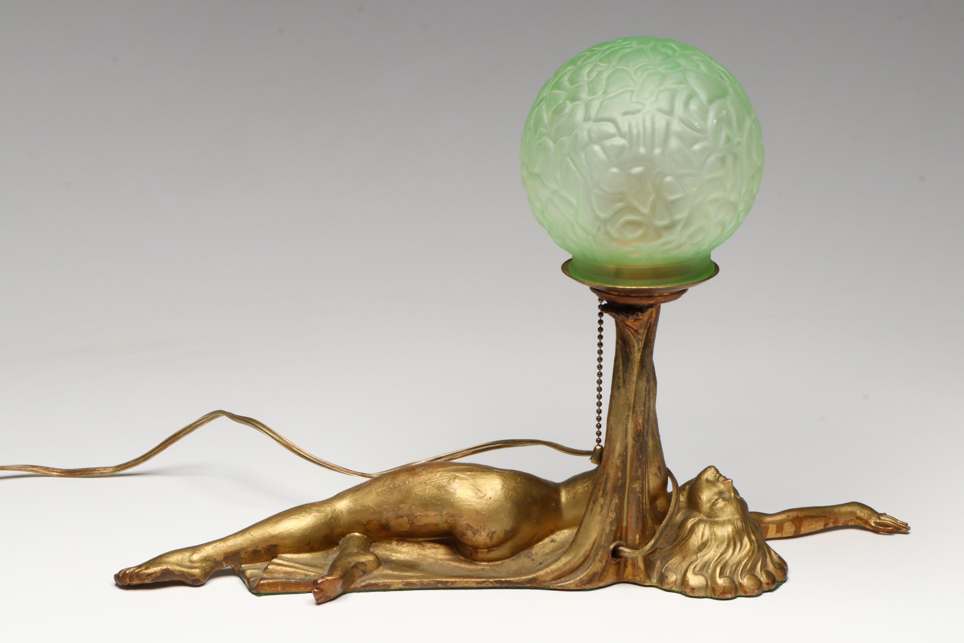 Art Deco Reclining Nude Gilt Metal Lamp with Uranium Glass Shade