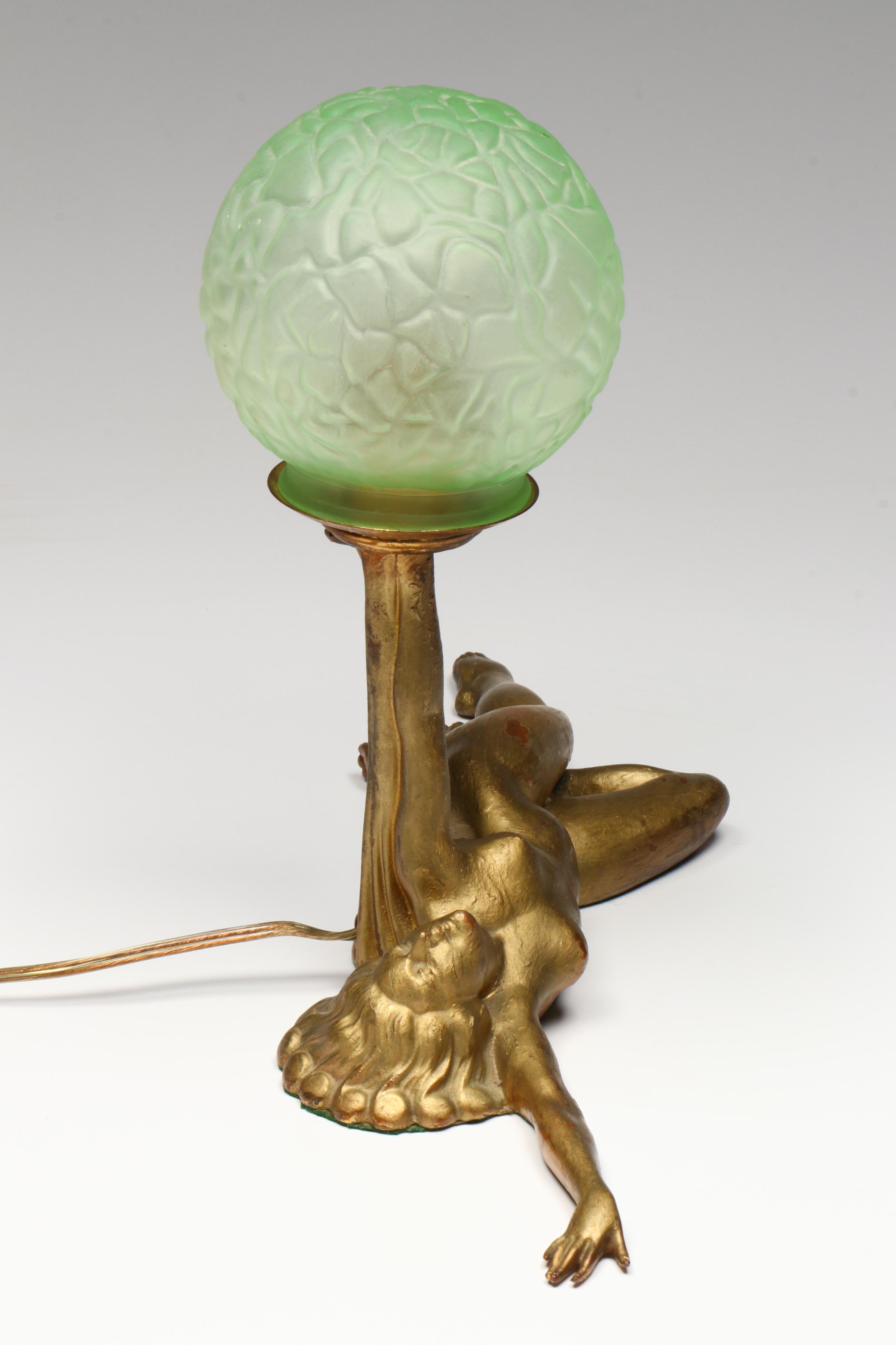 Art Deco Reclining Nude Gilt Metal Lamp with Uranium Glass Shade