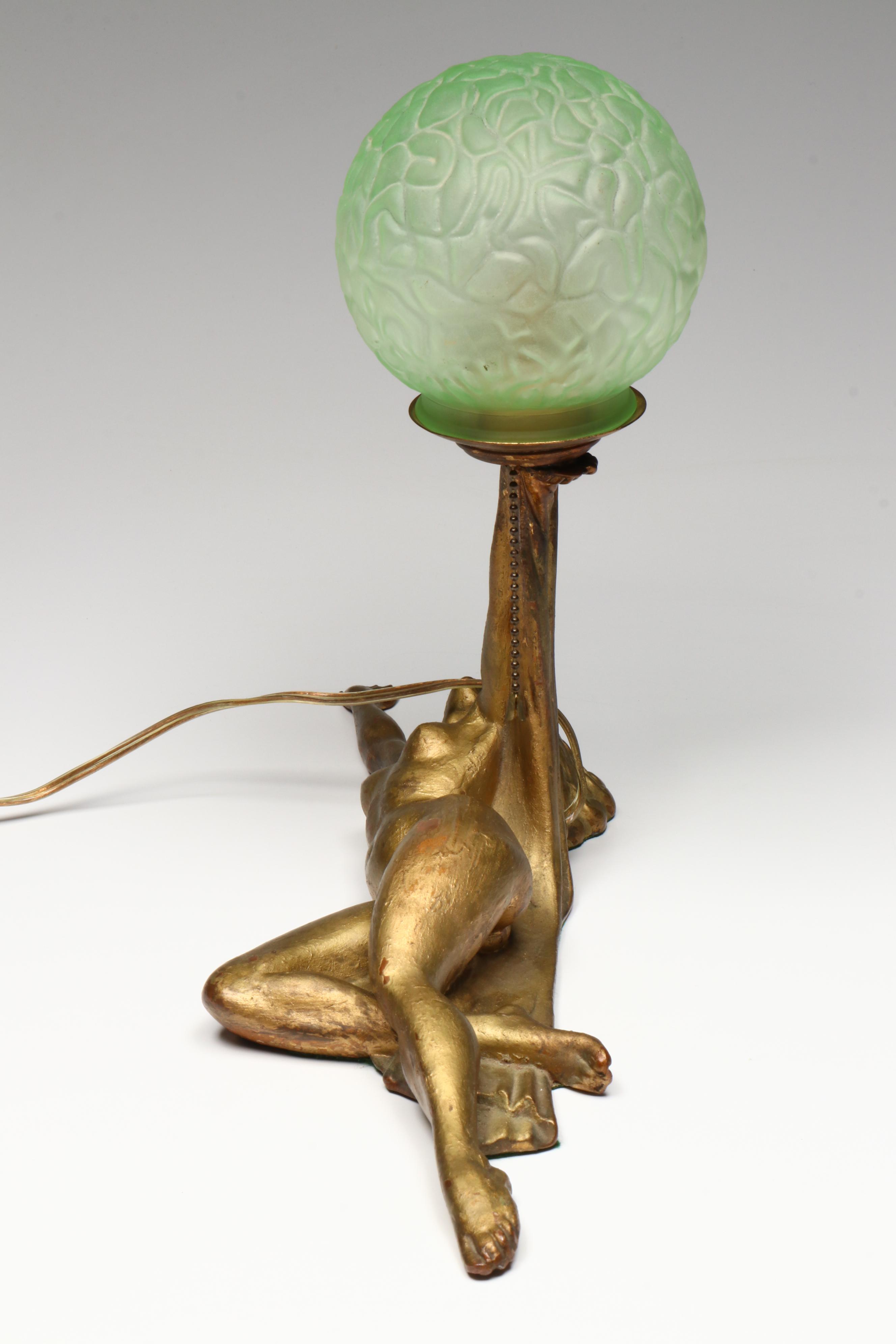 Art Deco Reclining Nude Gilt Metal Lamp with Uranium Glass Shade